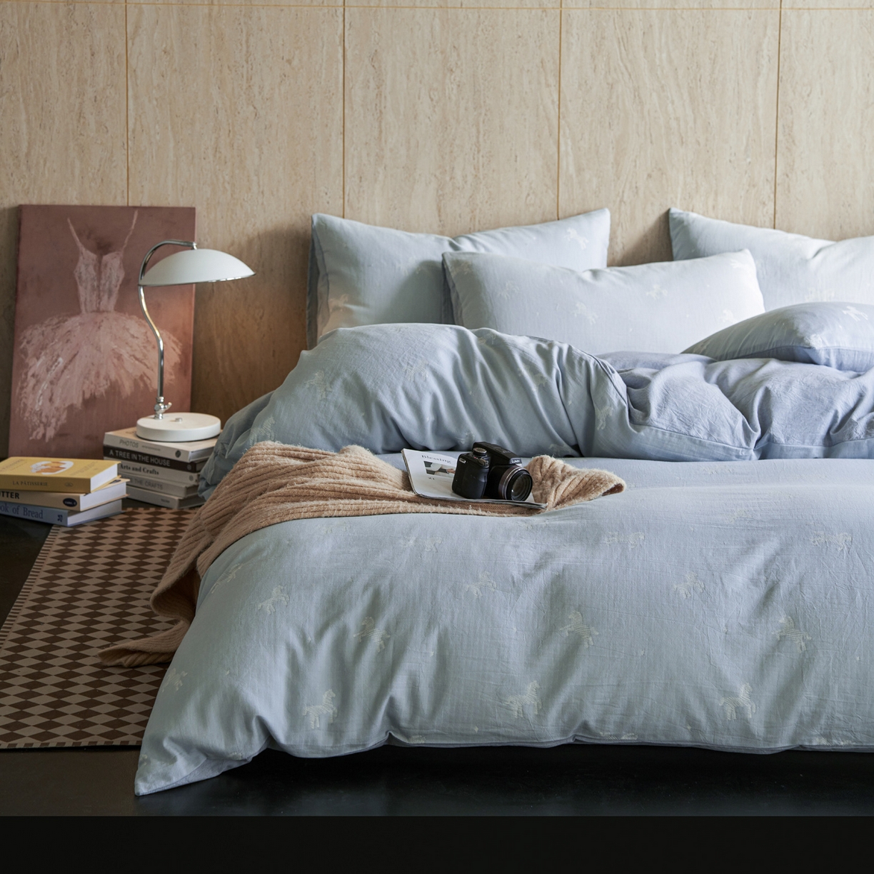 91家纺网 家纺一手货源 找家纺 如一 2026新款色织提花全棉水洗棉纯棉四件套第二批 骏影-蓝