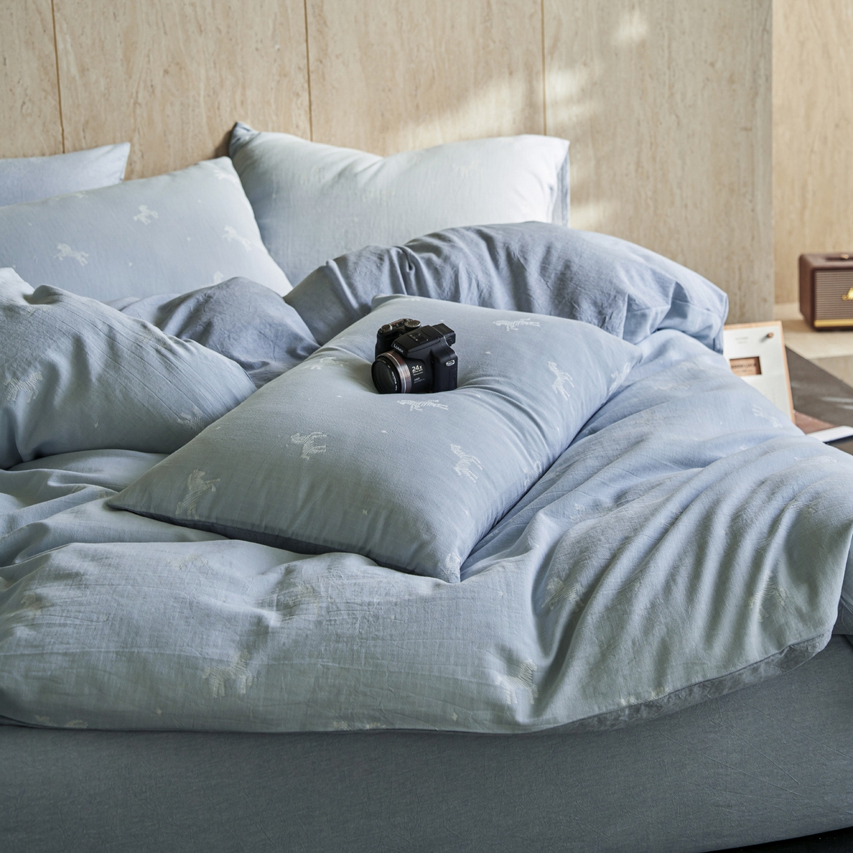 91家纺网 家纺一手货源 找家纺 如一 2026新款色织提花全棉水洗棉纯棉四件套第二批 骏影-蓝