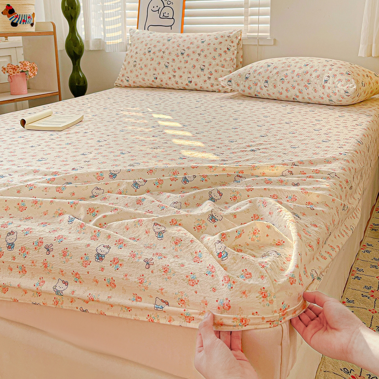 91家纺网 家纺一手货源 找家纺 仟人梦 2026新款云感双层纱印花单床笠床笠单件 凯迪猫