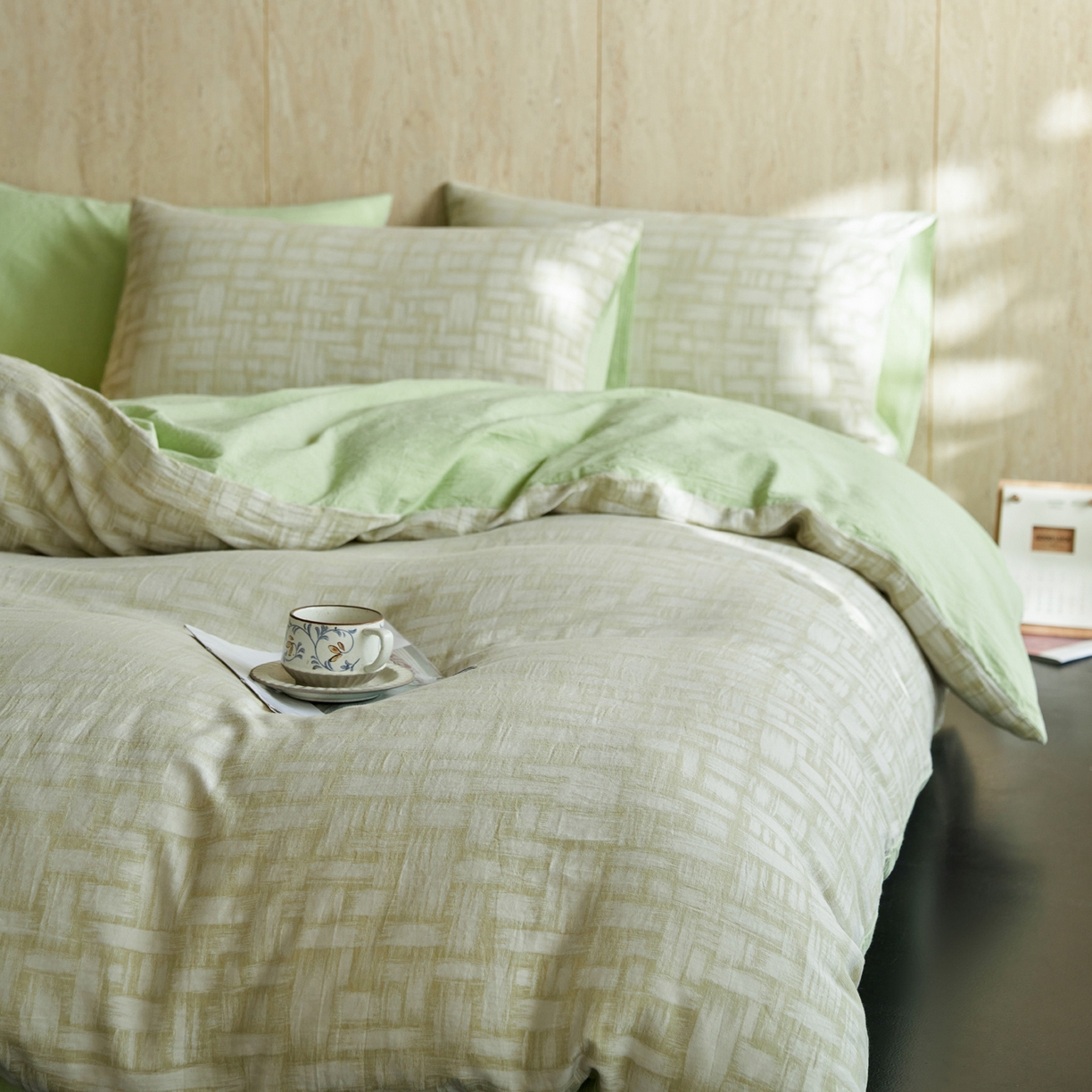 91家纺网 家纺一手货源 找家纺 如一 2026新款色织提花全棉水洗棉纯棉四件套第二批 浮光-绿