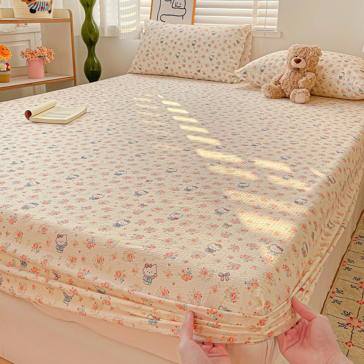 91家纺网 家纺一手货源 找家纺 仟人梦 2026新款云感双层纱印花单床笠床笠单件 凯迪猫