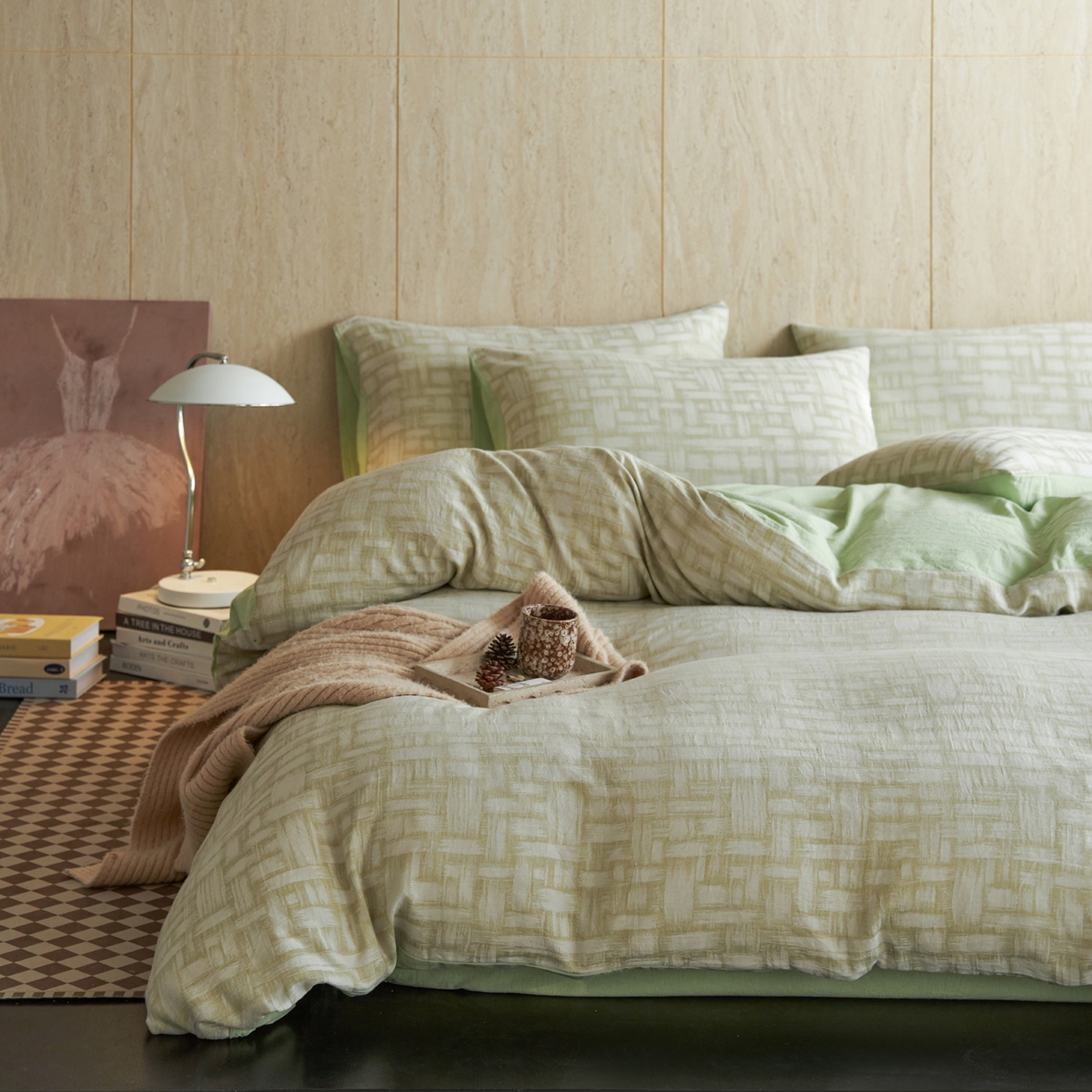 91家纺网 家纺一手货源 找家纺 如一 2026新款色织提花全棉水洗棉纯棉四件套第二批 浮光-绿