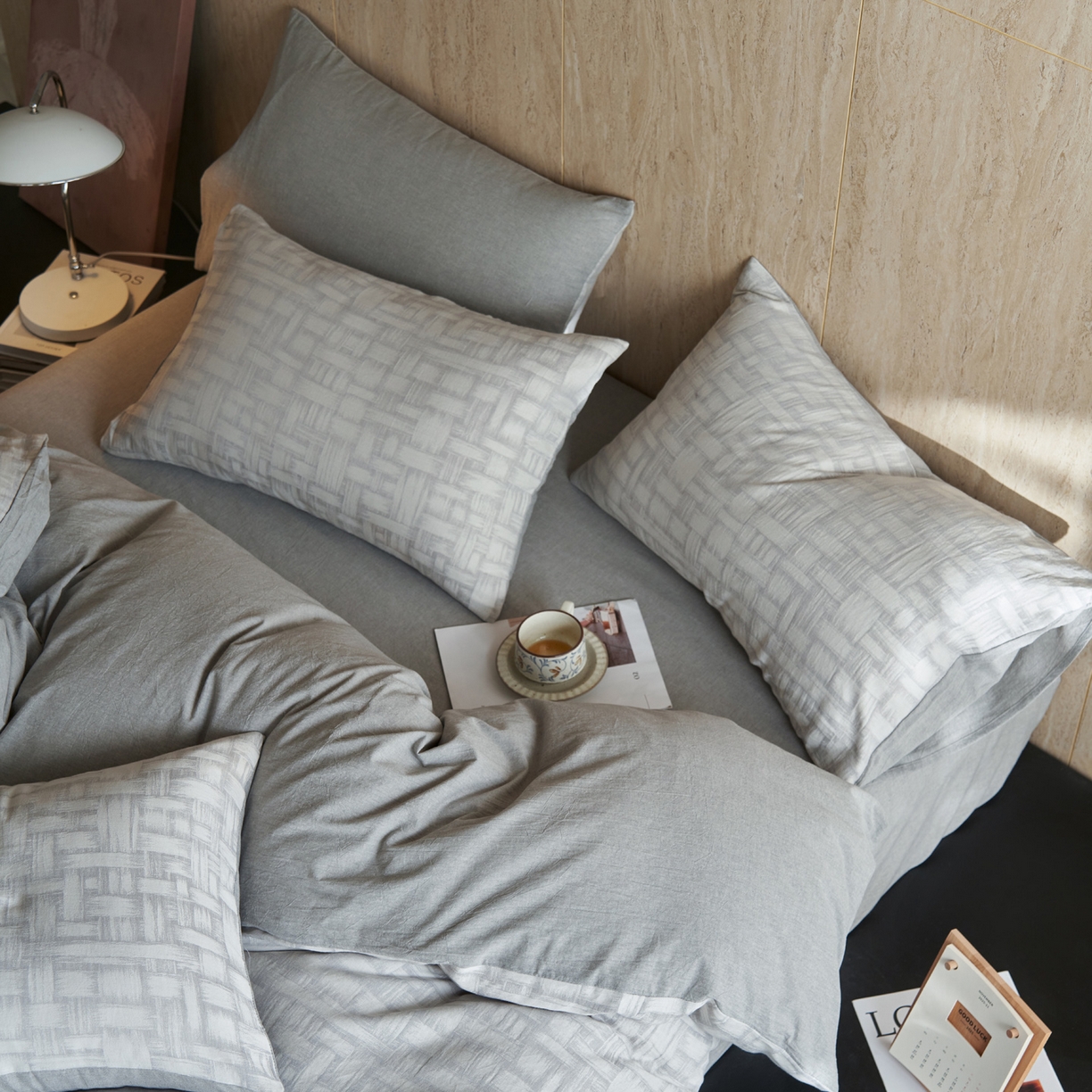 91家纺网 家纺一手货源 找家纺 如一 2026新款色织提花全棉水洗棉纯棉四件套第二批 浮光-灰