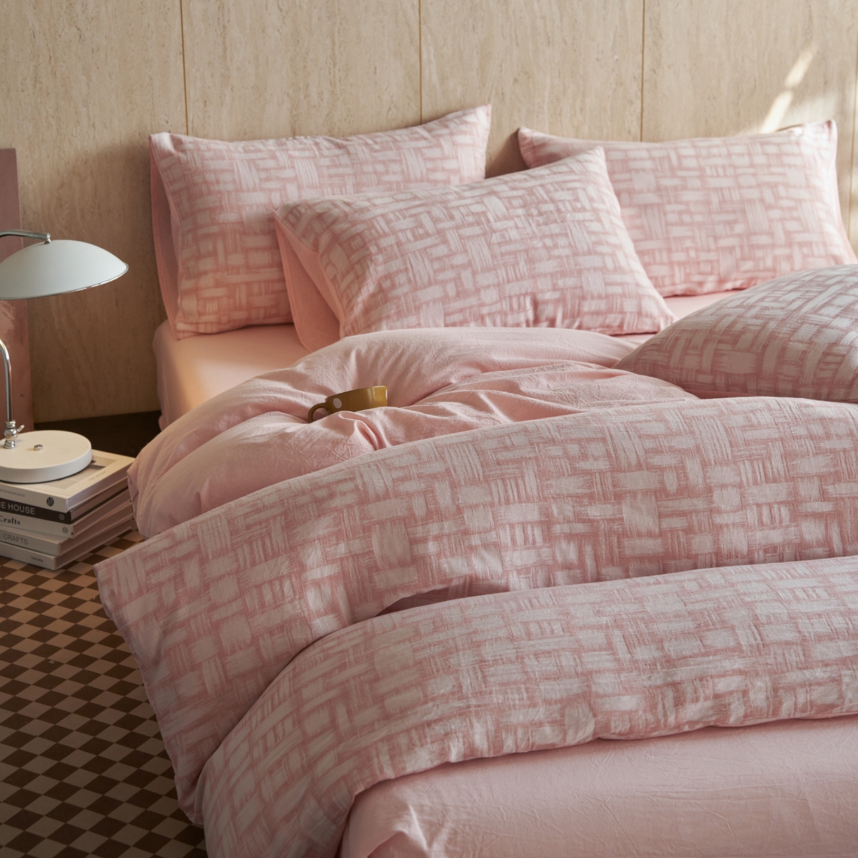 91家纺网 家纺一手货源 找家纺 如一 2026新款色织提花全棉水洗棉纯棉四件套第二批 浮光-粉