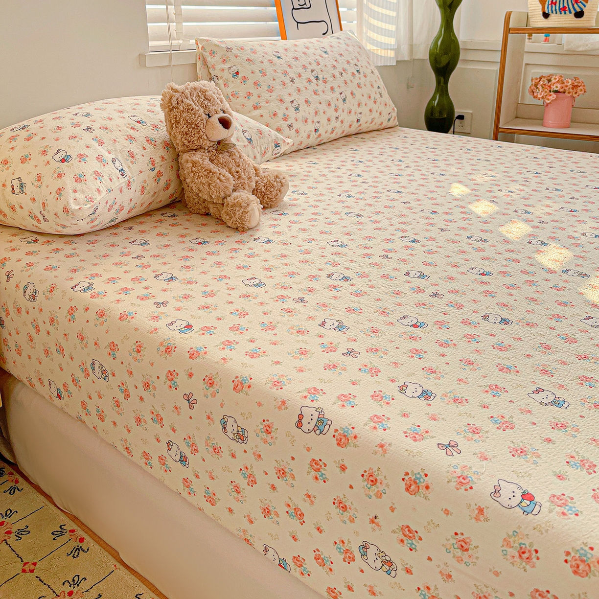 91家纺网 家纺一手货源 找家纺 仟人梦 2026新款云感双层纱印花单床笠床笠单件 凯迪猫