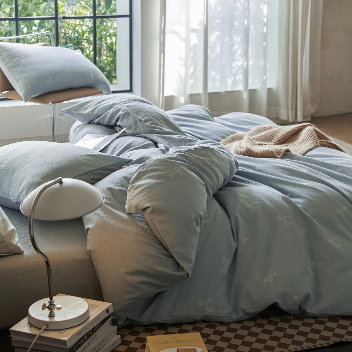 91家纺网 家纺一手货源 找家纺 如一 2026新款色织提花全棉水洗棉纯棉四件套第二批 骏影-蓝