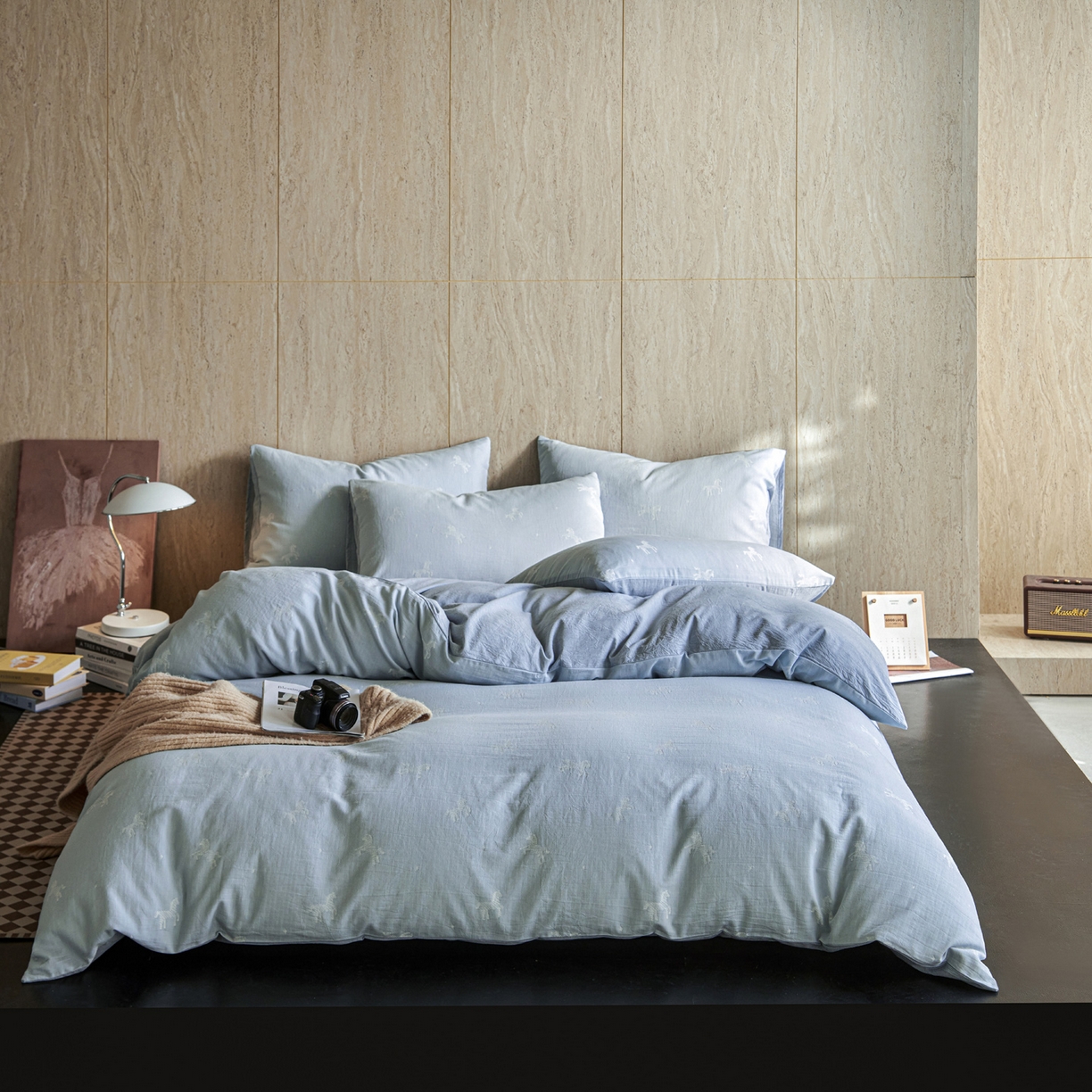 91家纺网 家纺一手货源 找家纺 如一 2026新款色织提花全棉水洗棉纯棉四件套第二批 骏影-蓝