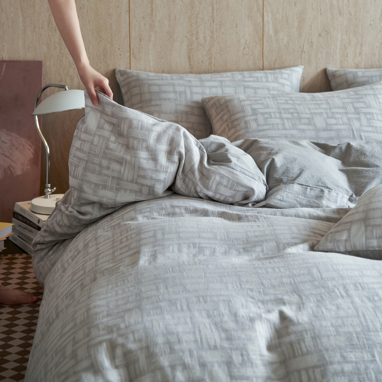 91家纺网 家纺一手货源 找家纺 如一 2026新款色织提花全棉水洗棉纯棉四件套第二批 浮光-灰