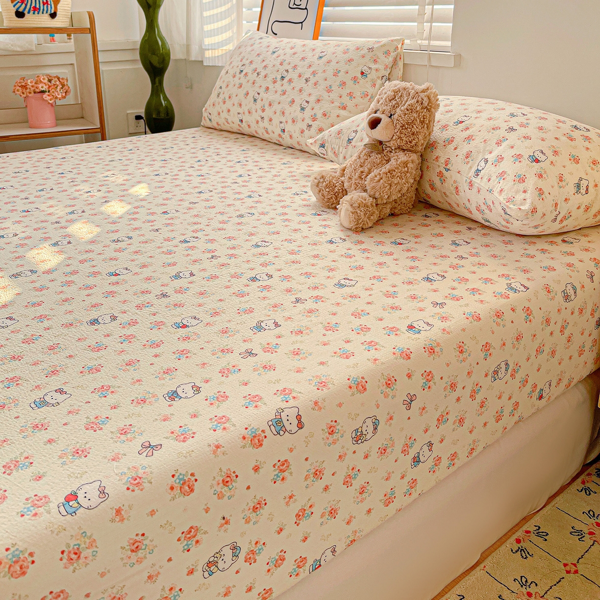 91家纺网 家纺一手货源 找家纺 仟人梦 2026新款云感双层纱印花单床笠床笠单件 凯迪猫