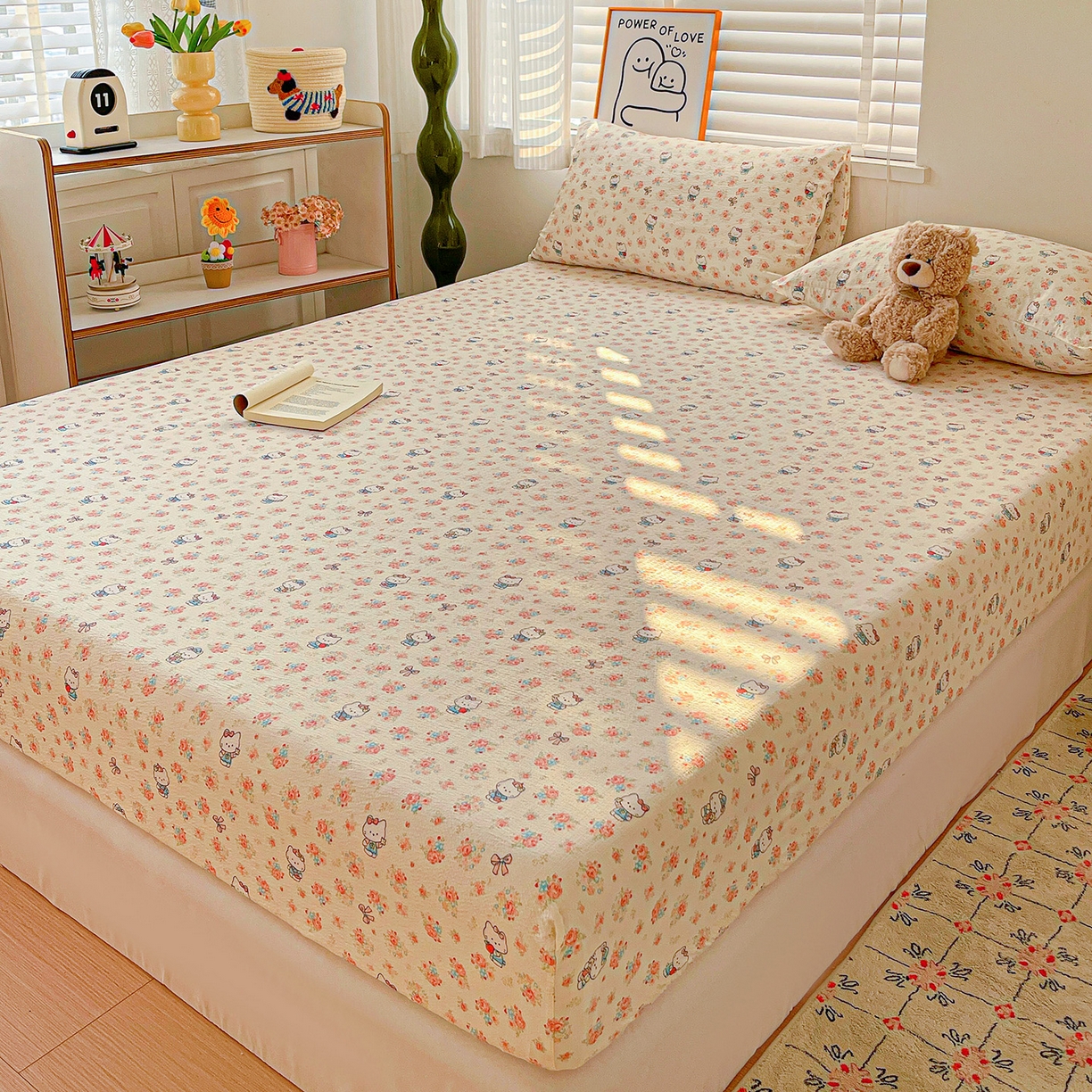 91家纺网 家纺一手货源 找家纺 仟人梦 2026新款云感双层纱印花单床笠床笠单件 凯迪猫