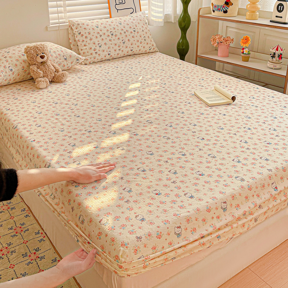 91家纺网 家纺一手货源 找家纺 仟人梦 2026新款云感双层纱印花单床笠床笠单件 凯迪猫