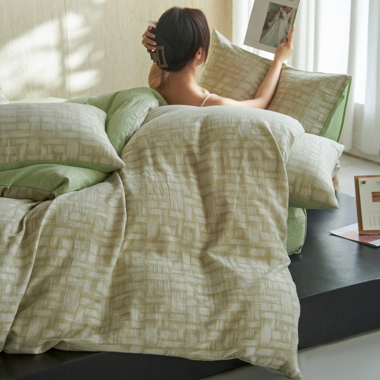 91家纺网 家纺一手货源 找家纺 如一 2026新款色织提花全棉水洗棉纯棉四件套第二批 浮光-绿