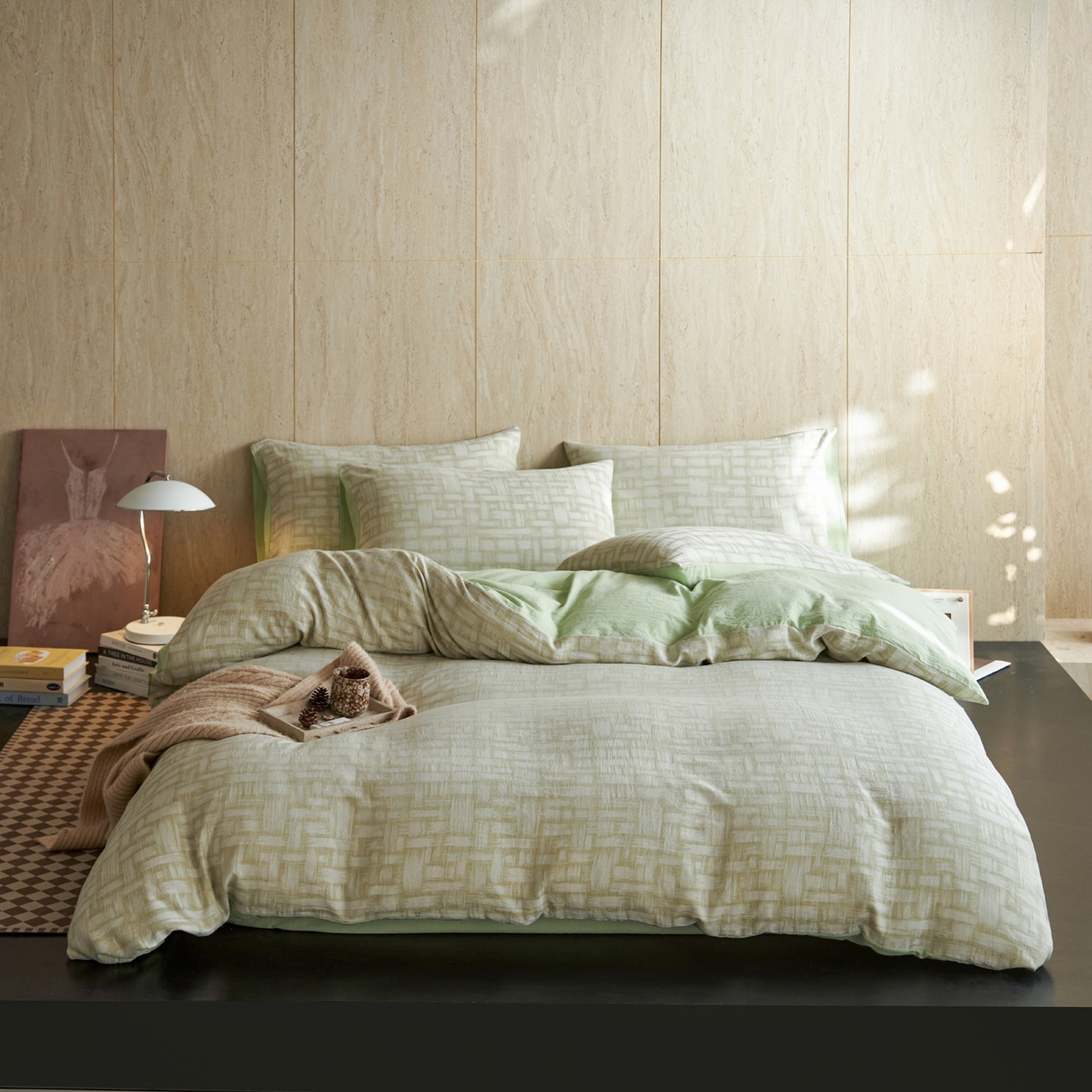 91家纺网 家纺一手货源 找家纺 如一 2026新款色织提花全棉水洗棉纯棉四件套第二批 浮光-绿