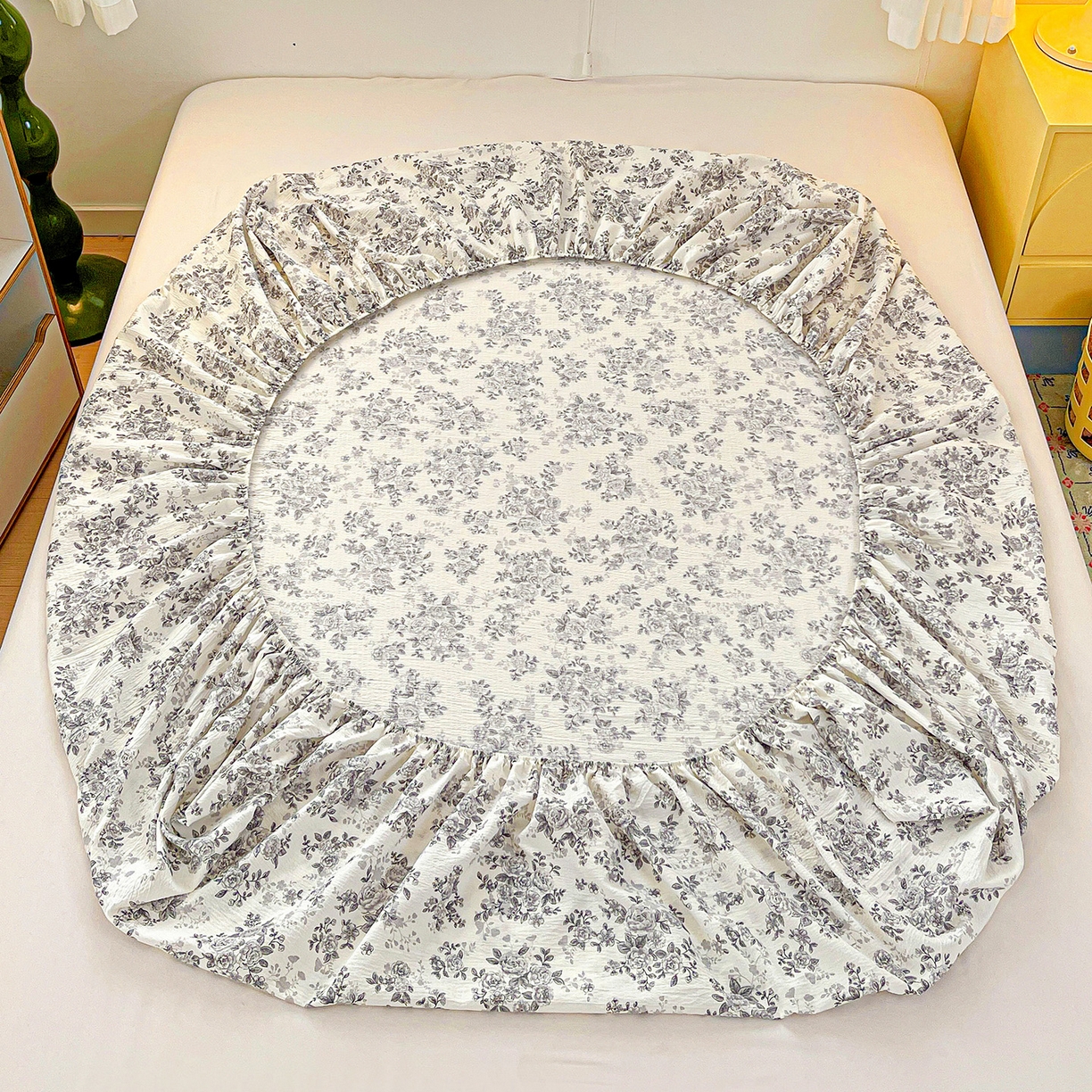 91家纺网 家纺一手货源 找家纺 仟人梦 2026新款云感双层纱印花单床笠床笠单件 蓝黛