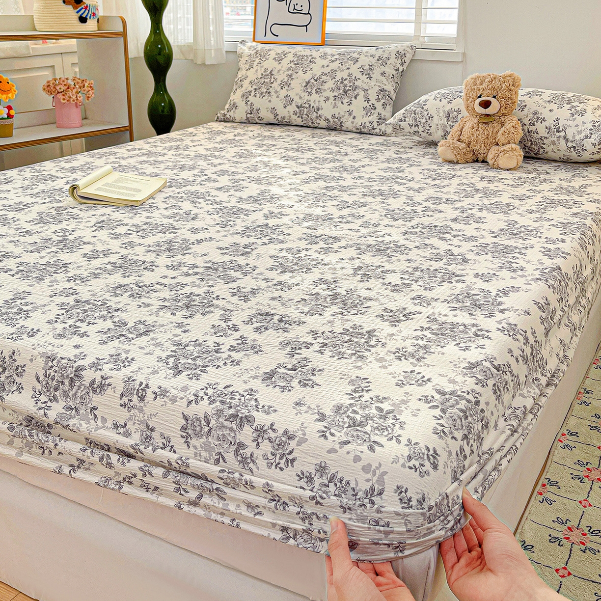 91家纺网 家纺一手货源 找家纺 仟人梦 2026新款云感双层纱印花单床笠床笠单件 蓝黛