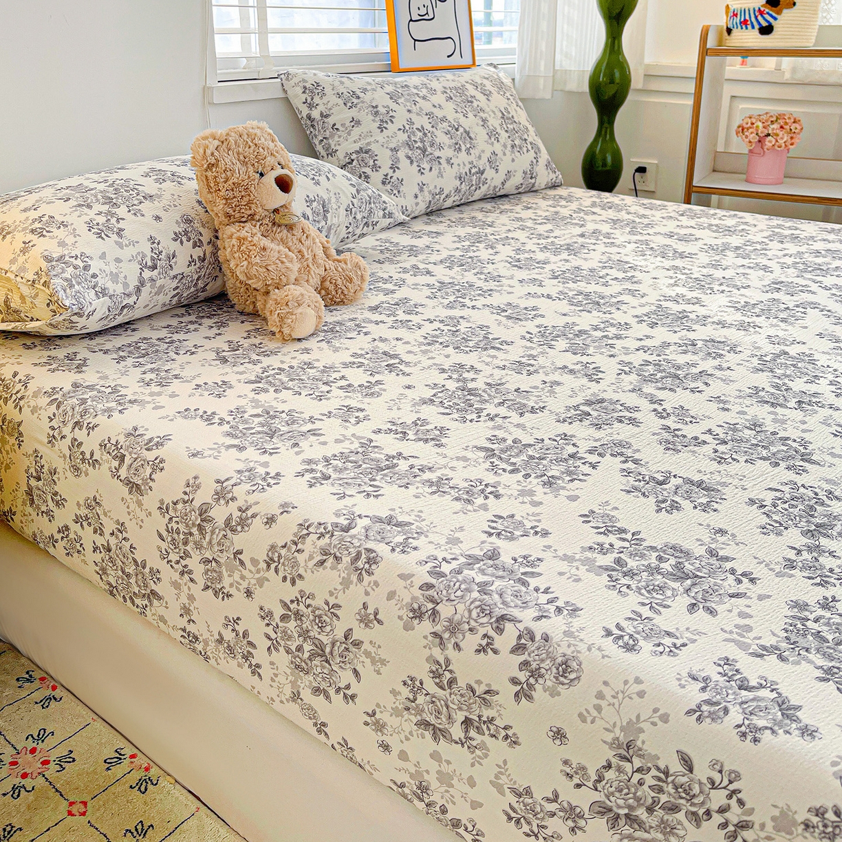 91家纺网 家纺一手货源 找家纺 仟人梦 2026新款云感双层纱印花单床笠床笠单件 蓝黛