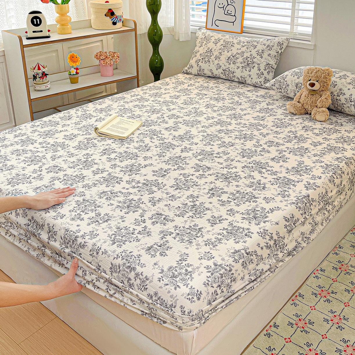 91家纺网 家纺一手货源 找家纺 仟人梦 2026新款云感双层纱印花单床笠床笠单件 蓝黛