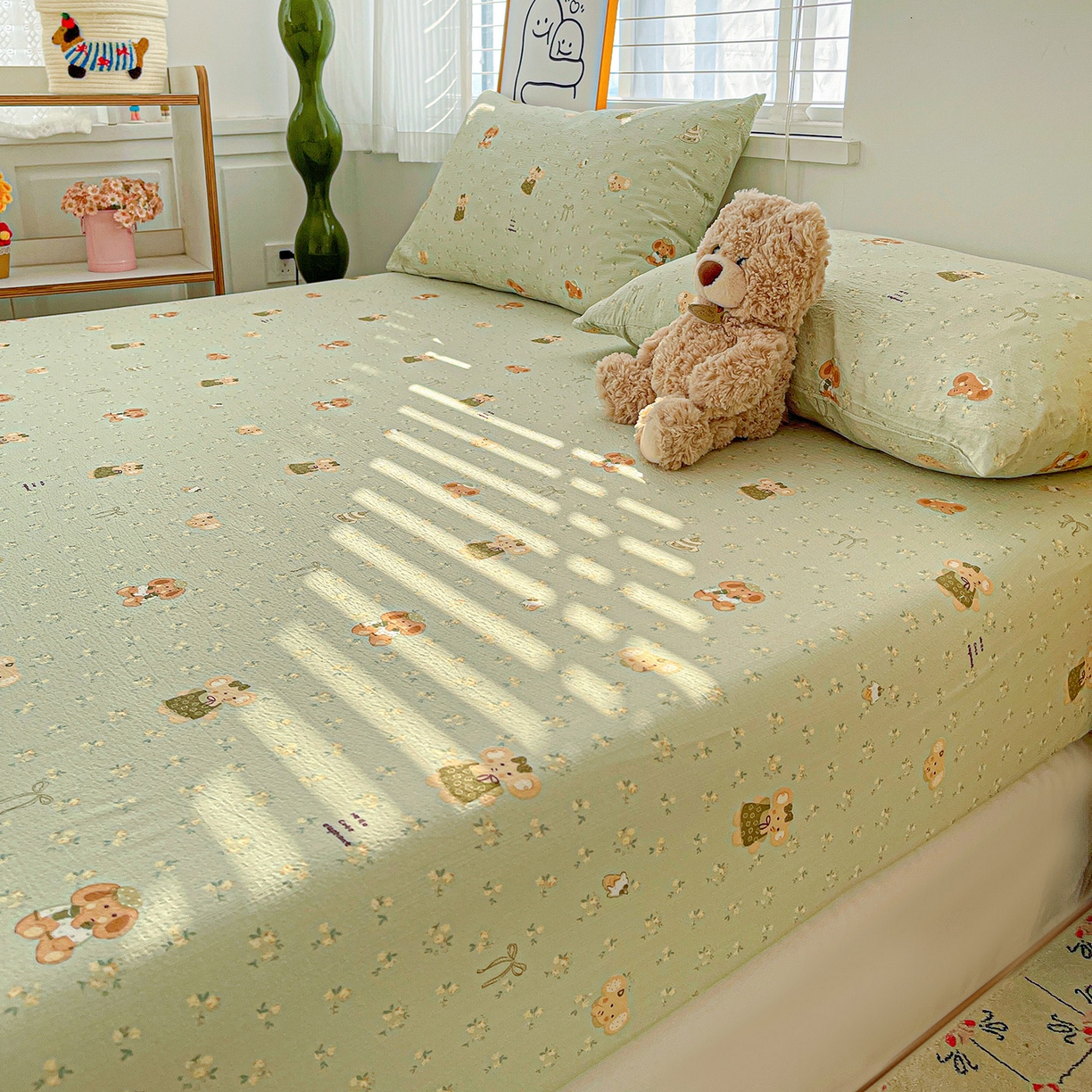 91家纺网 家纺一手货源 找家纺 仟人梦 2026新款云感双层纱印花单床笠床笠单件 绿色泡泡