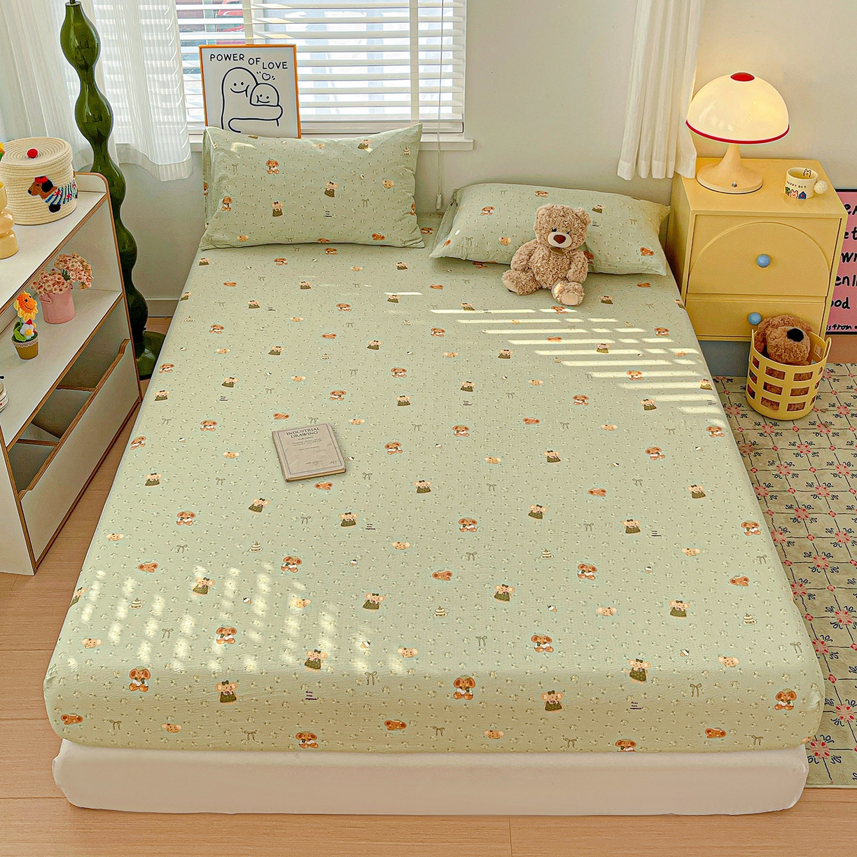 91家纺网 家纺一手货源 找家纺 仟人梦 2026新款云感双层纱印花单床笠床笠单件 绿色泡泡