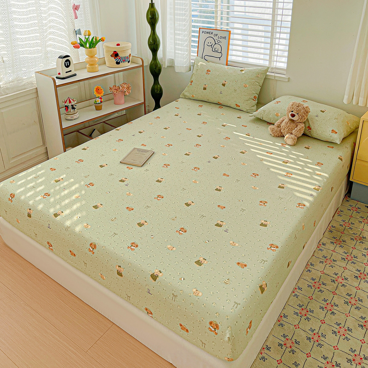 91家纺网 家纺一手货源 找家纺 仟人梦 2026新款云感双层纱印花单床笠床笠单件 绿色泡泡