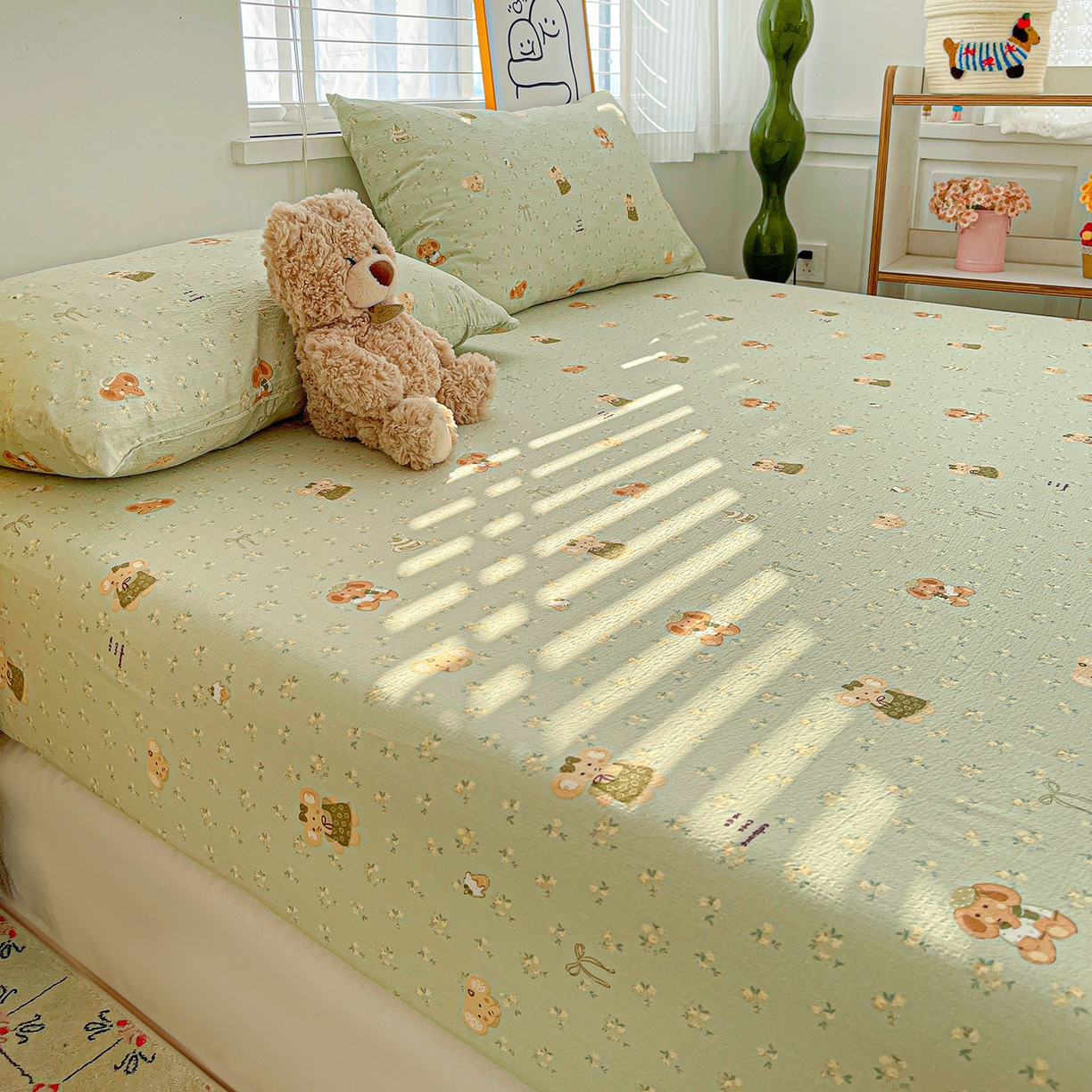 91家纺网 家纺一手货源 找家纺 仟人梦 2026新款云感双层纱印花单床笠床笠单件 绿色泡泡