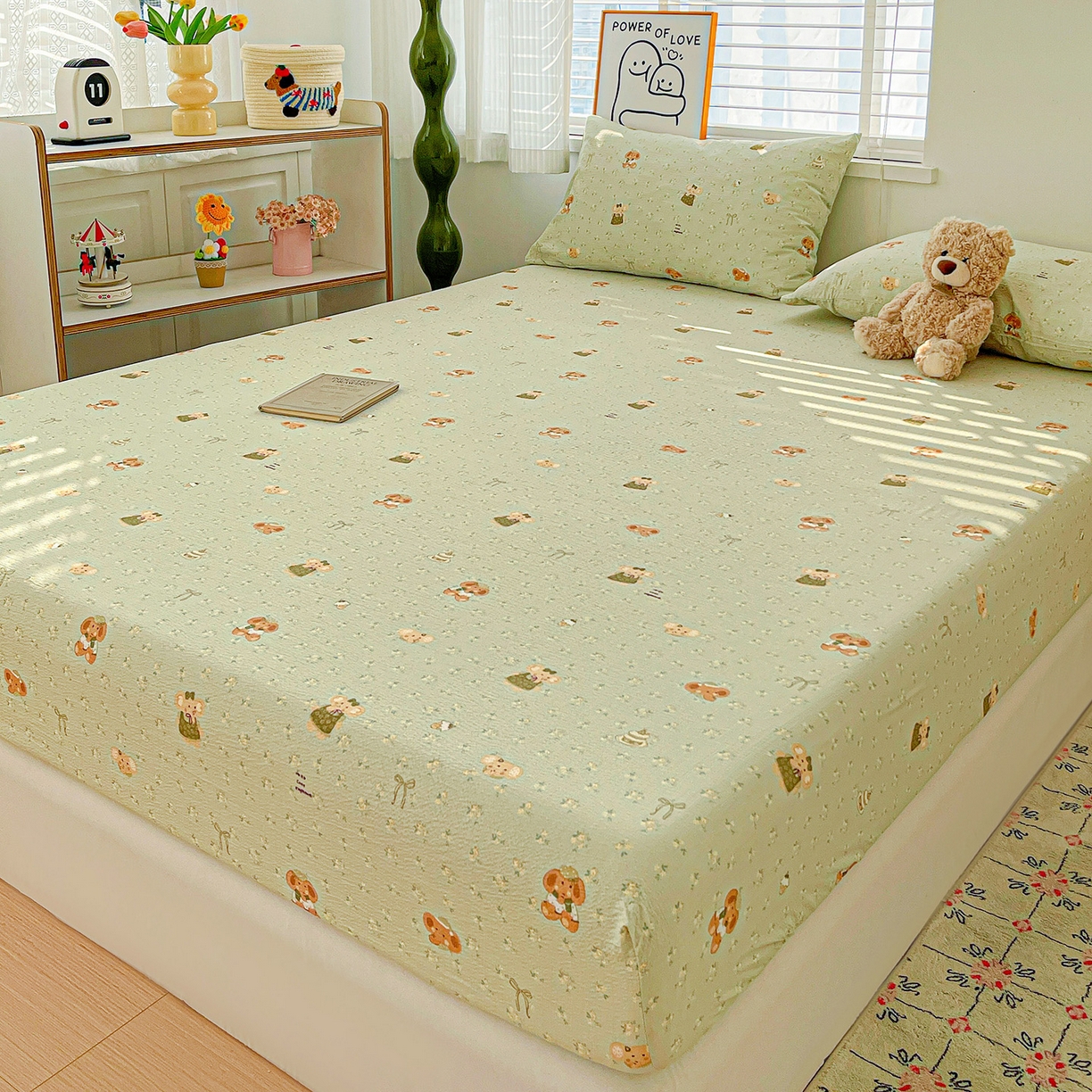 91家纺网 家纺一手货源 找家纺 仟人梦 2026新款云感双层纱印花单床笠床笠单件 绿色泡泡