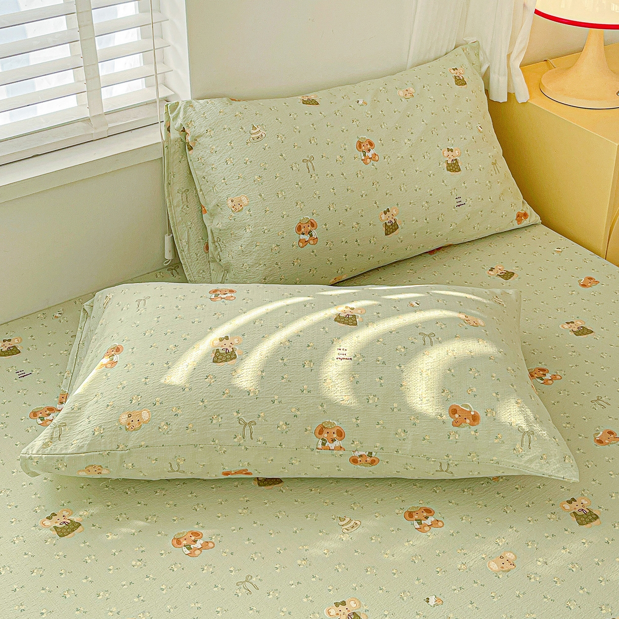 91家纺网 家纺一手货源 找家纺 仟人梦 2026新款云感双层纱印花单床笠床笠单件 绿色泡泡