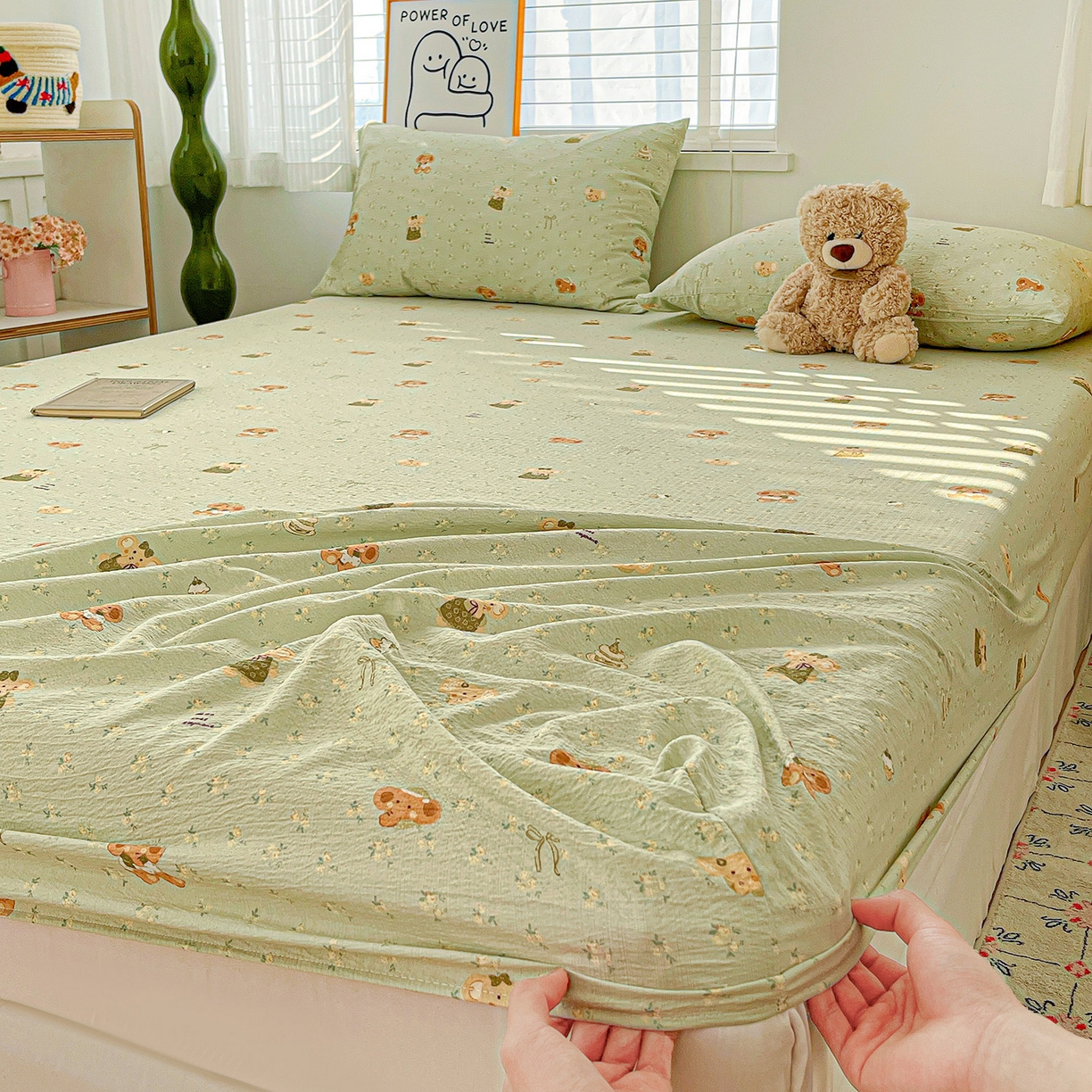 91家纺网 家纺一手货源 找家纺 仟人梦 2026新款云感双层纱印花单床笠床笠单件 绿色泡泡