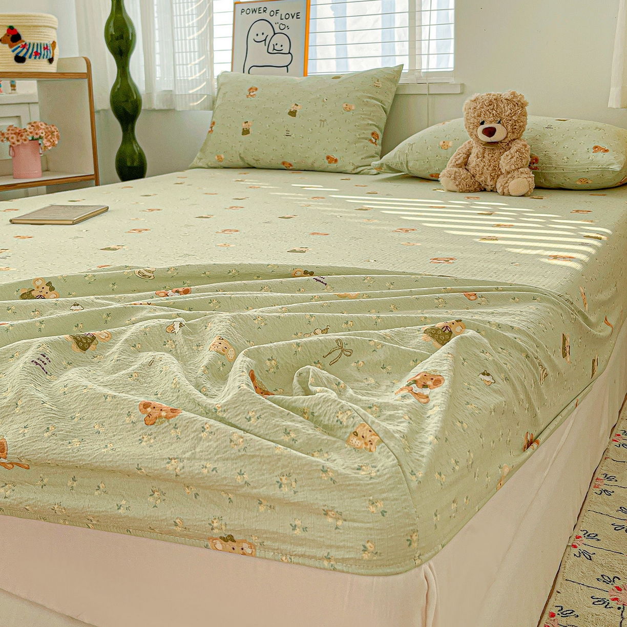 91家纺网 家纺一手货源 找家纺 仟人梦 2026新款云感双层纱印花单床笠床笠单件 绿色泡泡