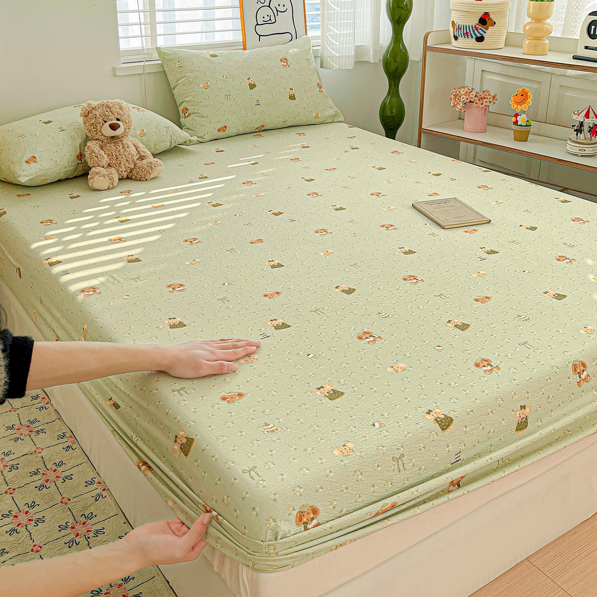 91家纺网 家纺一手货源 找家纺 仟人梦 2026新款云感双层纱印花单床笠床笠单件 绿色泡泡