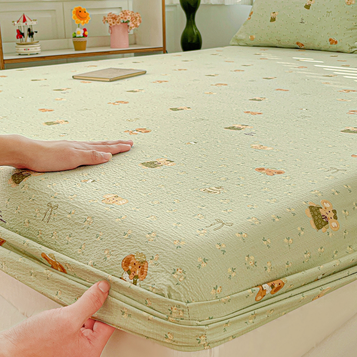 91家纺网 家纺一手货源 找家纺 仟人梦 2026新款云感双层纱印花单床笠床笠单件 绿色泡泡