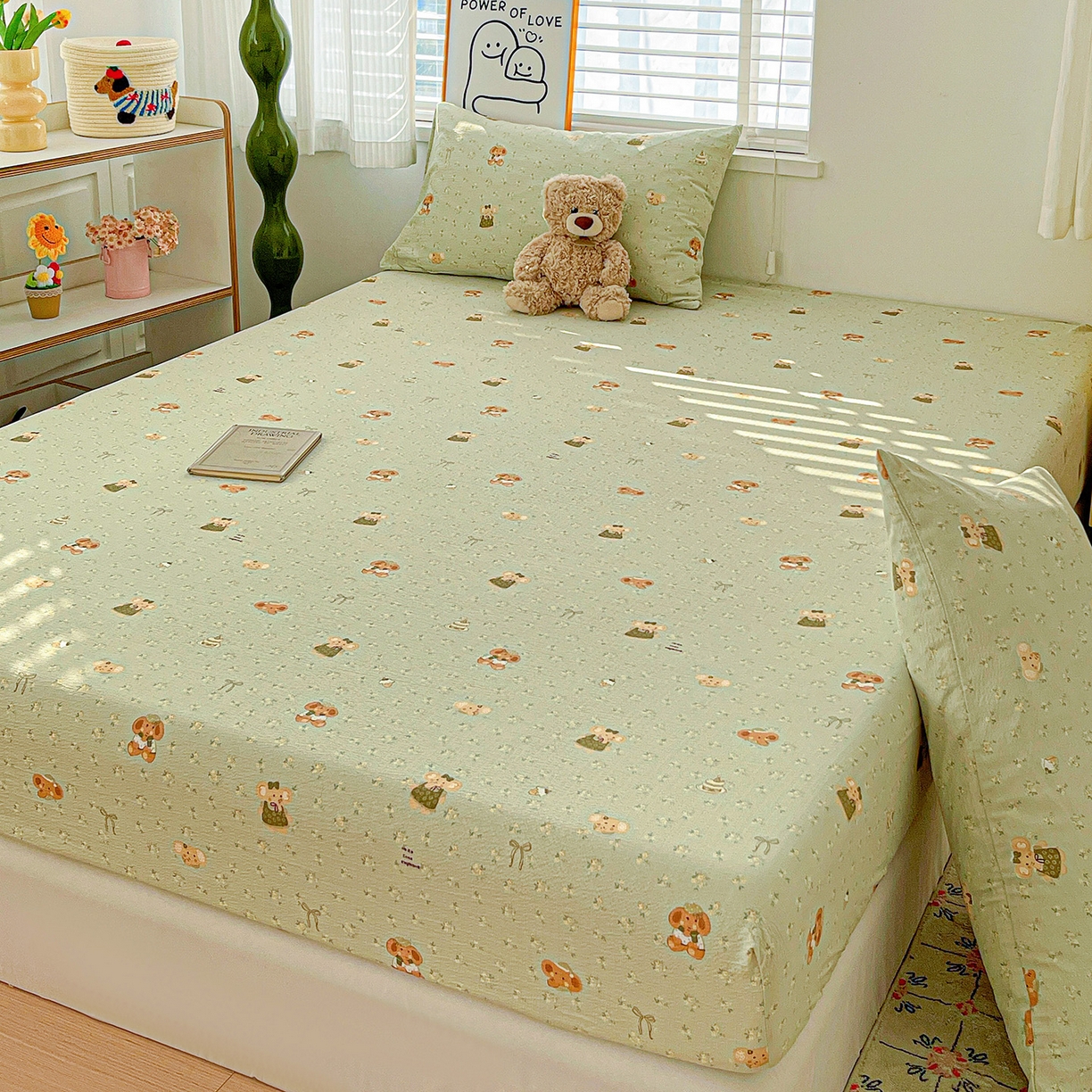 91家纺网 家纺一手货源 找家纺 仟人梦 2026新款云感双层纱印花单床笠床笠单件 绿色泡泡