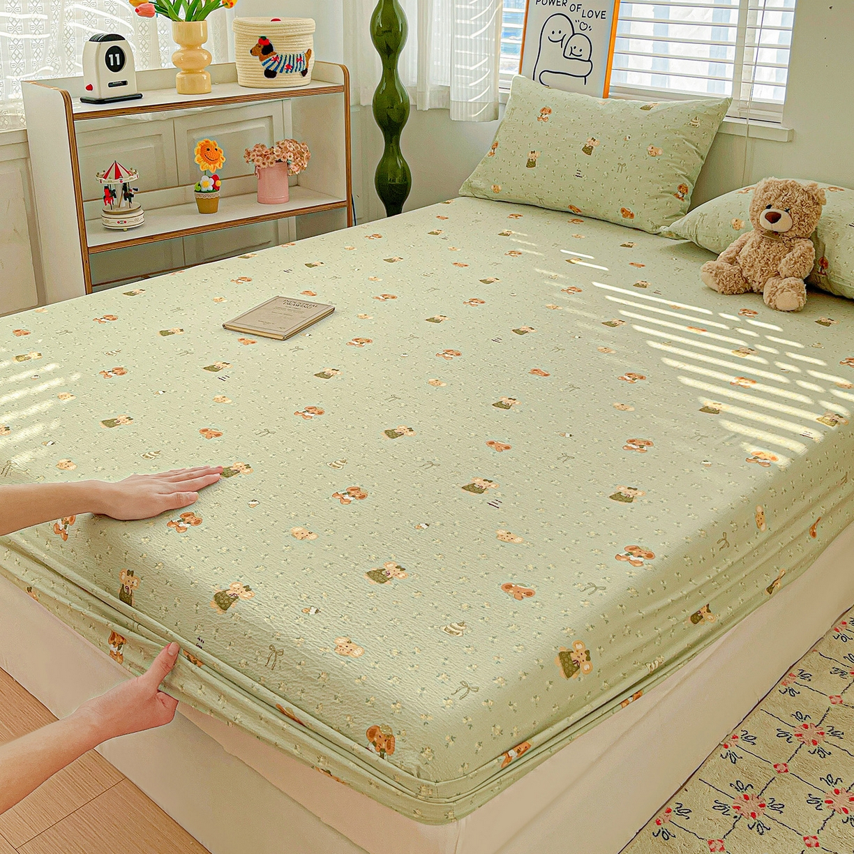 91家纺网 家纺一手货源 找家纺 仟人梦 2026新款云感双层纱印花单床笠床笠单件 绿色泡泡