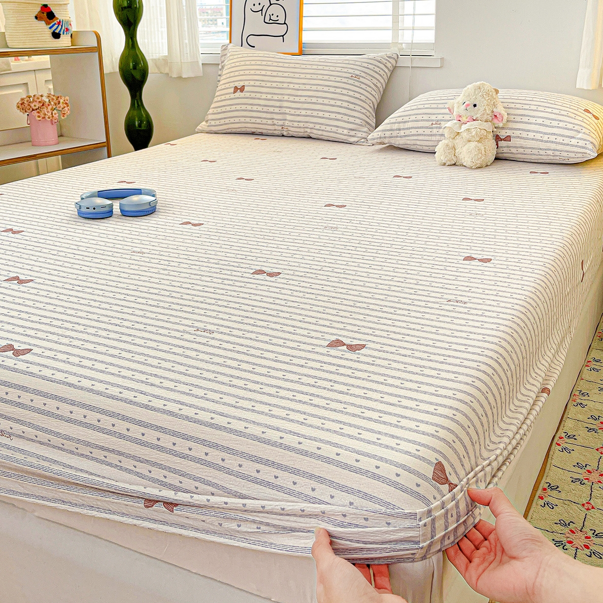 91家纺网 家纺一手货源 找家纺 仟人梦 2026新款云感双层纱印花单床笠床笠单件 清新条纹