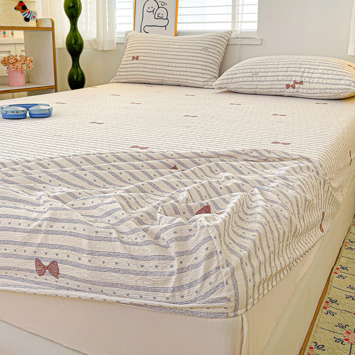 91家纺网 家纺一手货源 找家纺 仟人梦 2026新款云感双层纱印花单床笠床笠单件 清新条纹