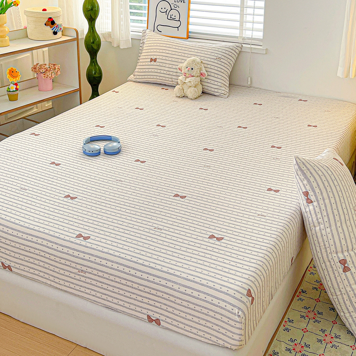 91家纺网 家纺一手货源 找家纺 仟人梦 2026新款云感双层纱印花单床笠床笠单件 清新条纹