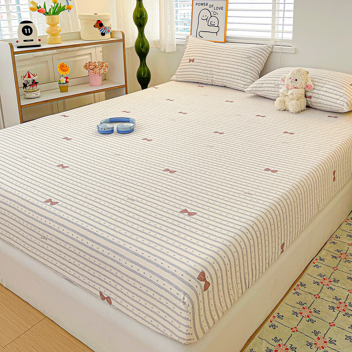 91家纺网 家纺一手货源 找家纺 仟人梦 2026新款云感双层纱印花单床笠床笠单件 清新条纹