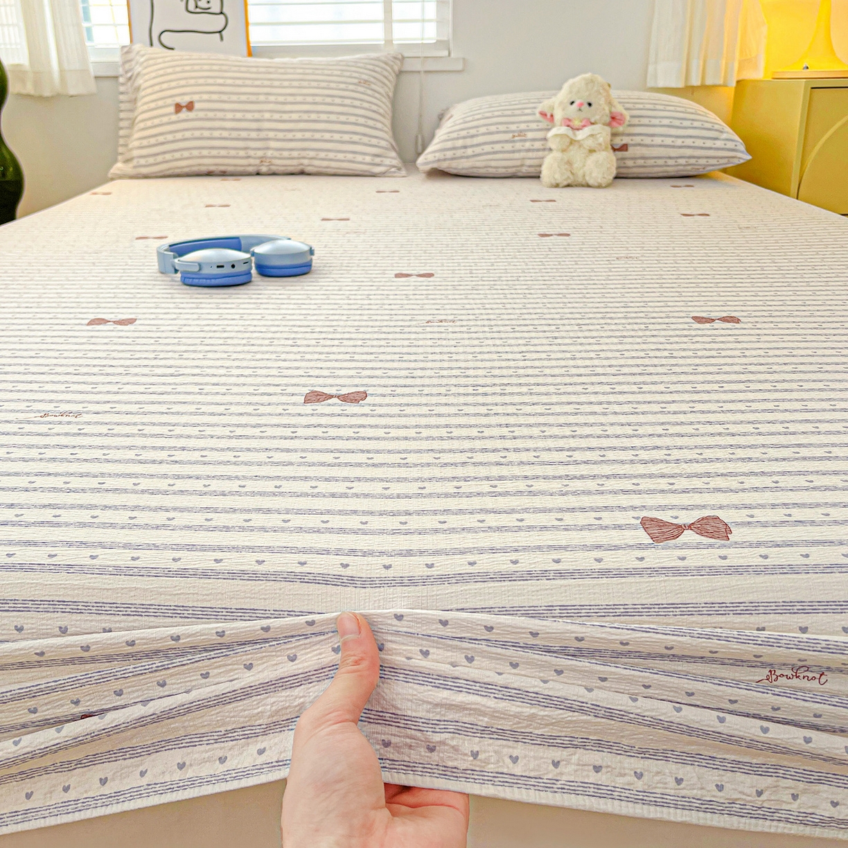 91家纺网 家纺一手货源 找家纺 仟人梦 2026新款云感双层纱印花单床笠床笠单件 清新条纹