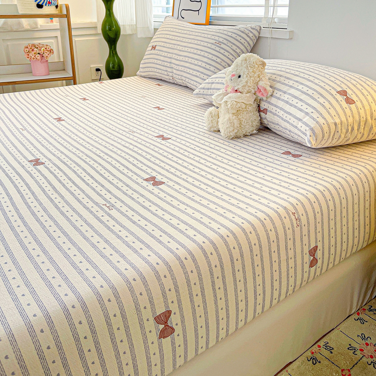 91家纺网 家纺一手货源 找家纺 仟人梦 2026新款云感双层纱印花单床笠床笠单件 清新条纹