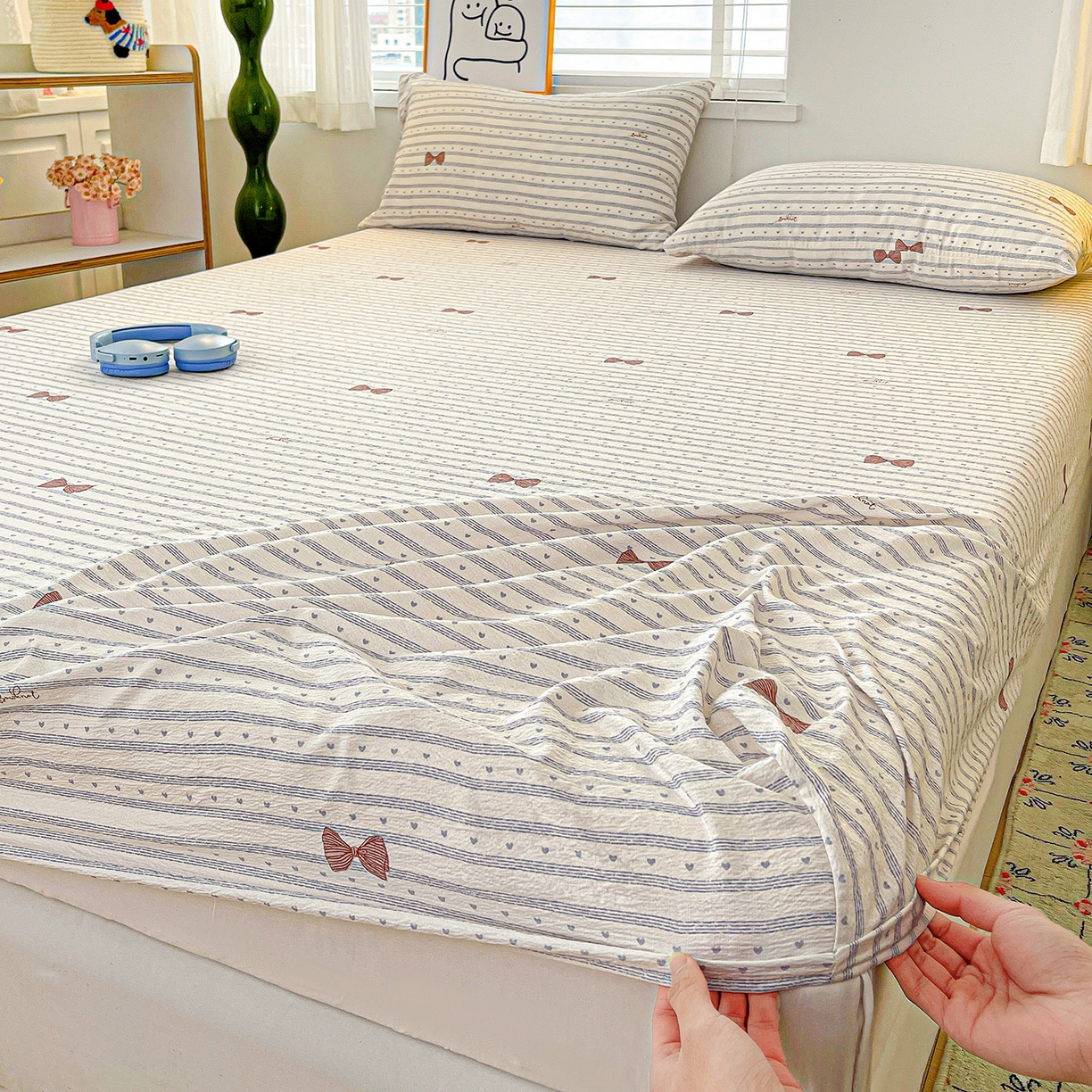 91家纺网 家纺一手货源 找家纺 仟人梦 2026新款云感双层纱印花单床笠床笠单件 清新条纹