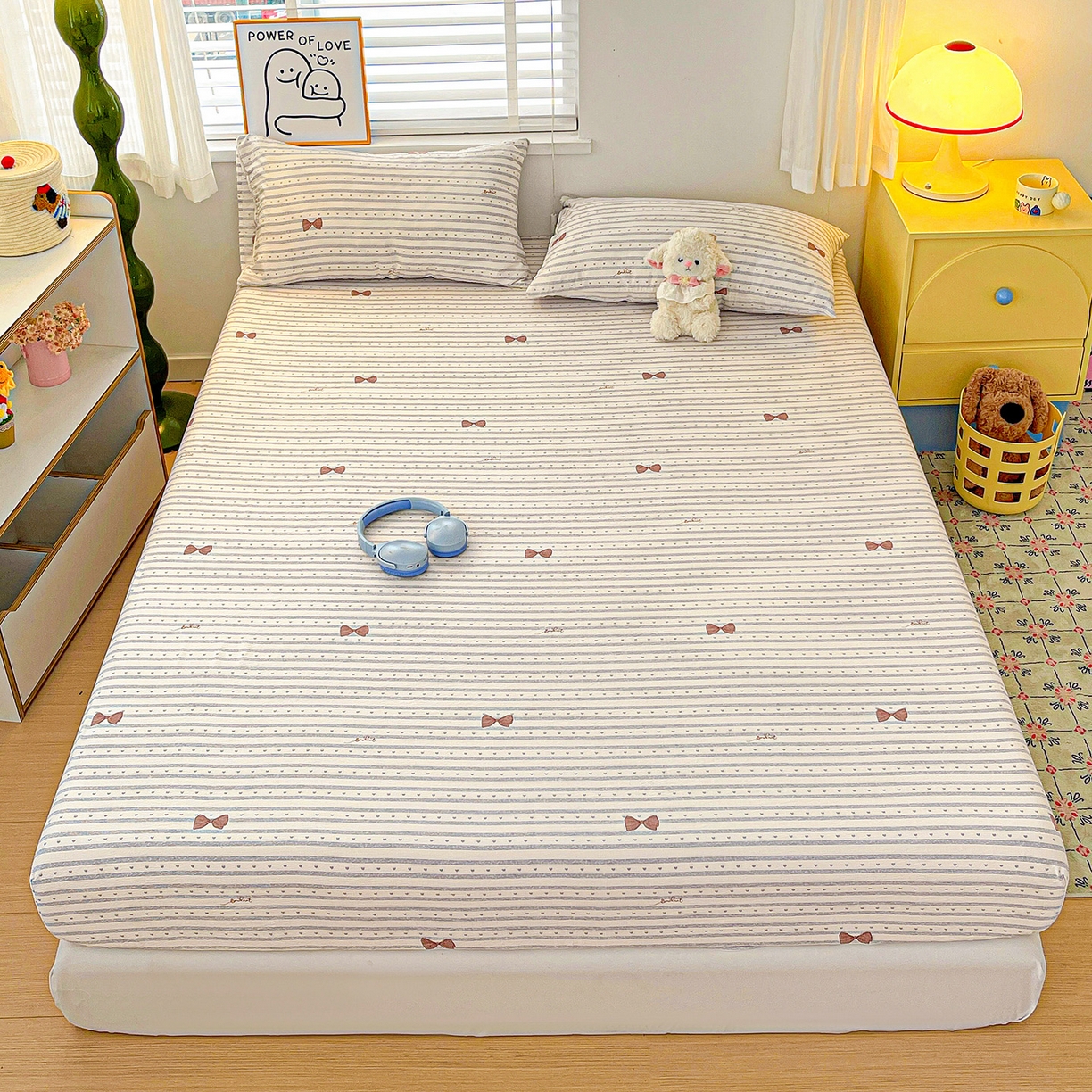 91家纺网 家纺一手货源 找家纺 仟人梦 2026新款云感双层纱印花单床笠床笠单件 清新条纹