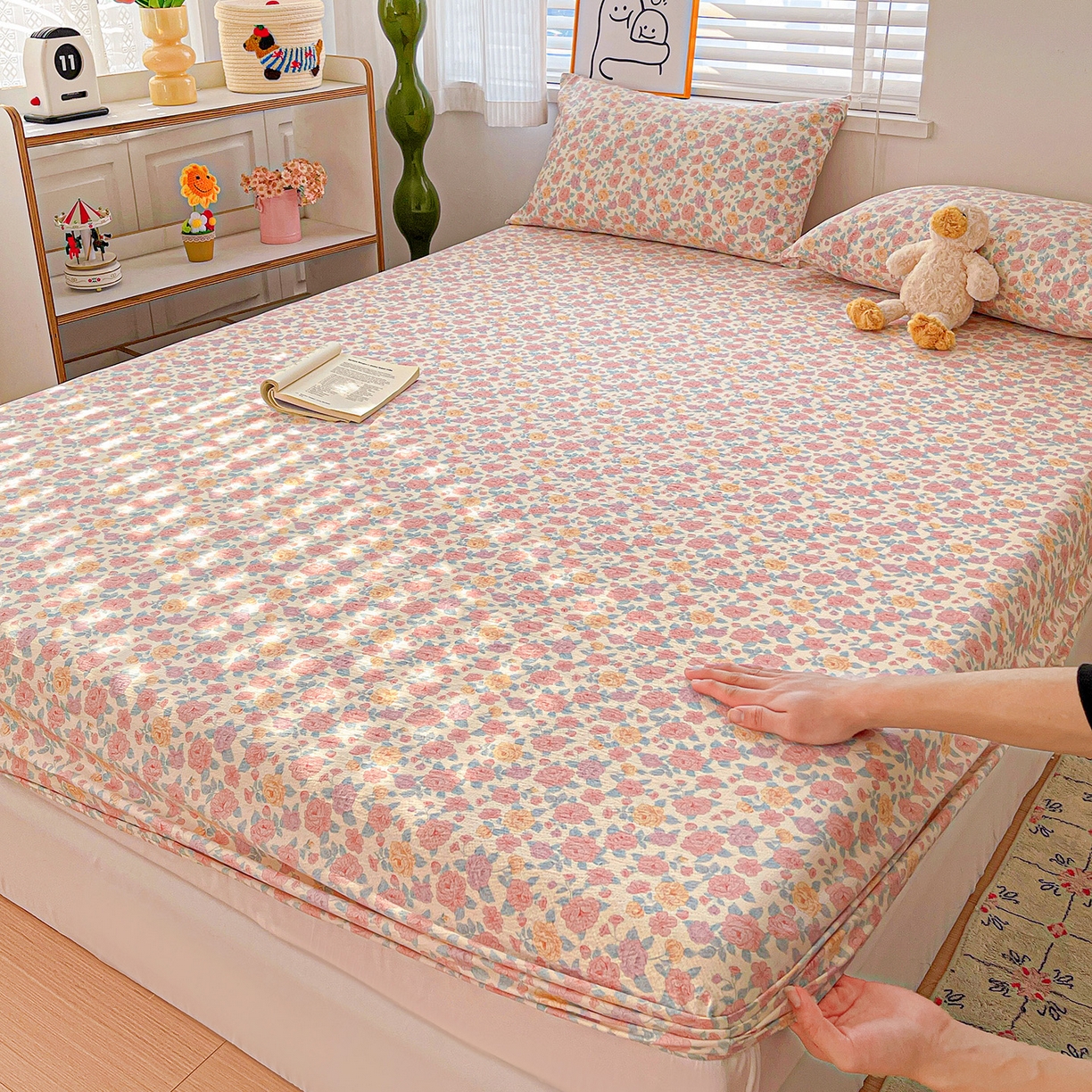 仟人梦 2026新款云感双层纱印花单床笠床笠单件 水墨丹青-粉