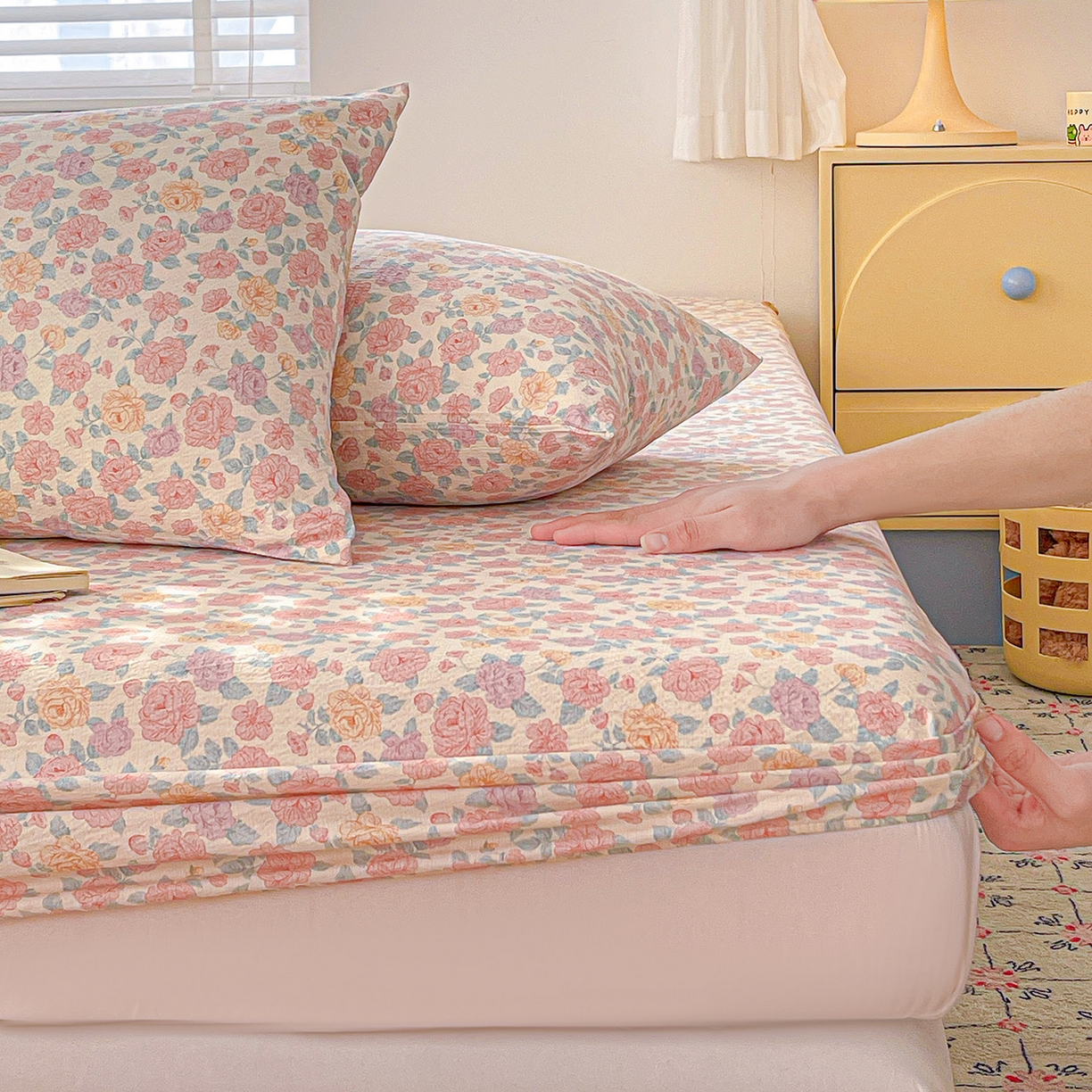 91家纺网 家纺一手货源 找家纺 仟人梦 2026新款云感双层纱印花单床笠床笠单件 水墨丹青-粉