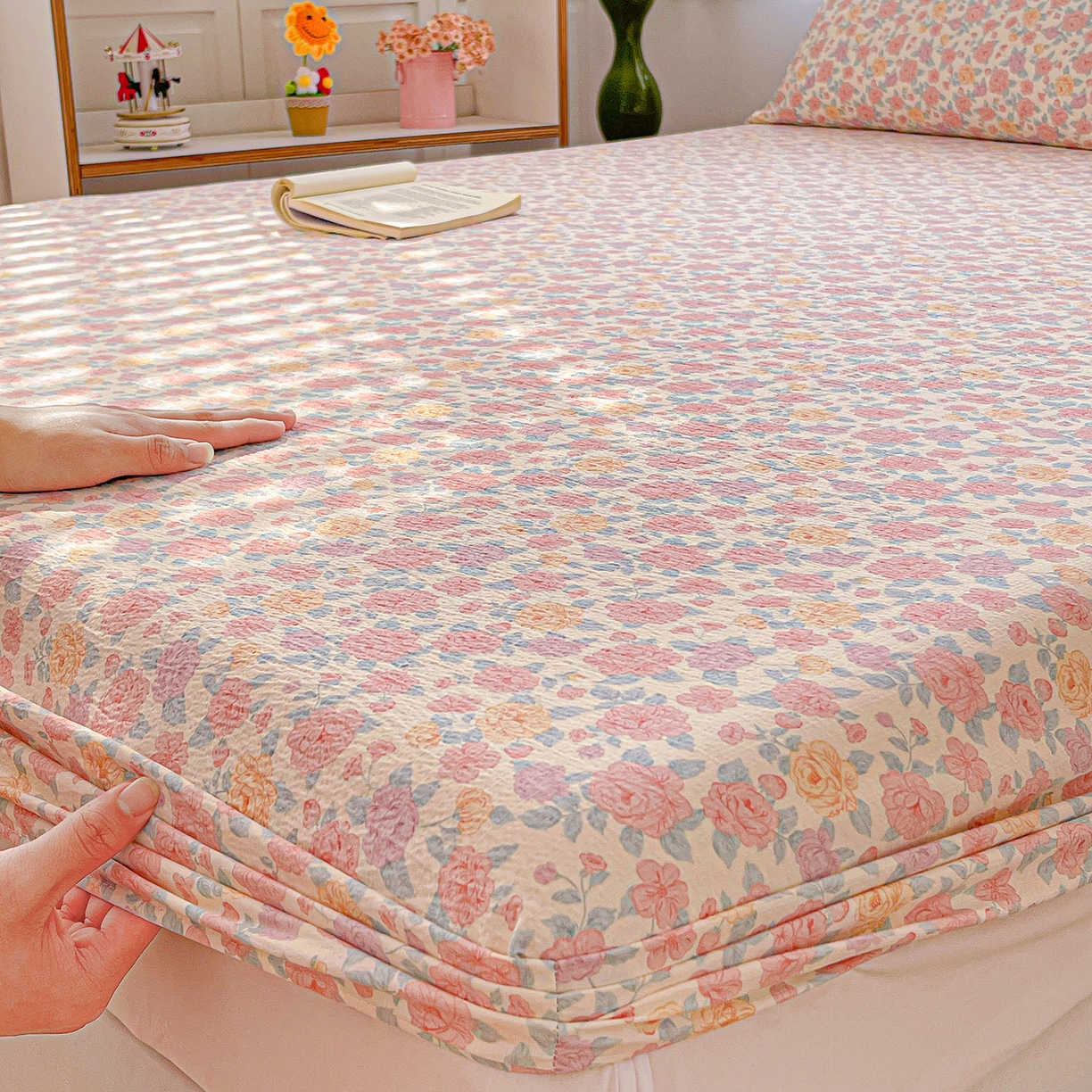 91家纺网 家纺一手货源 找家纺 仟人梦 2026新款云感双层纱印花单床笠床笠单件 水墨丹青-粉