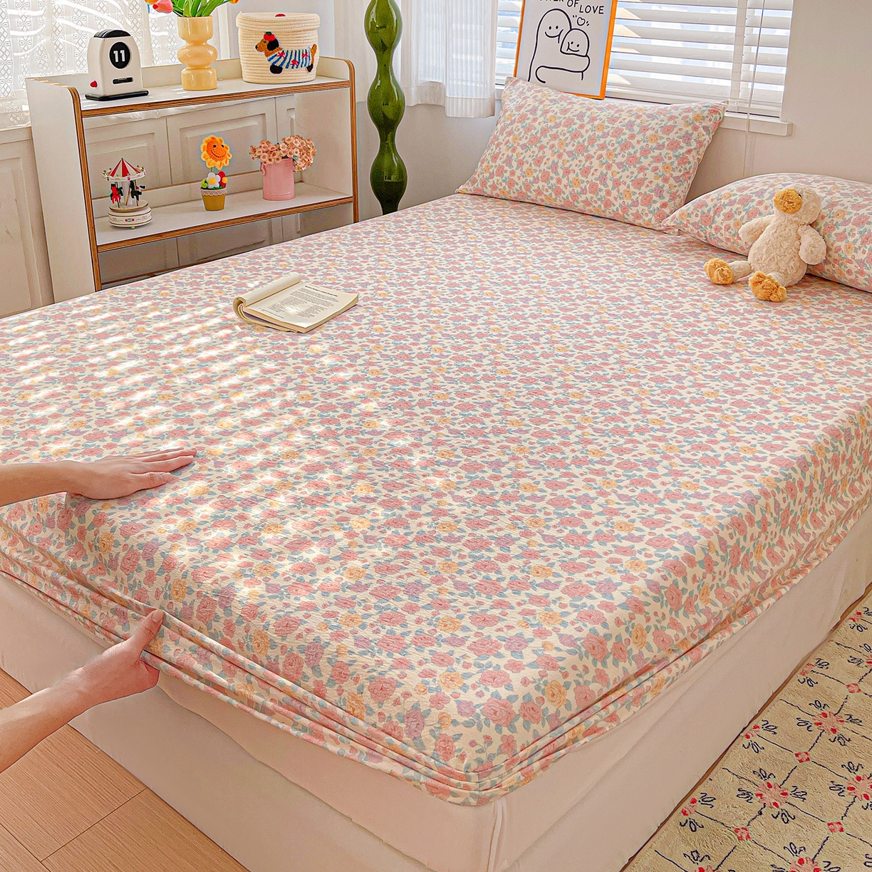 91家纺网 家纺一手货源 找家纺 仟人梦 2026新款云感双层纱印花单床笠床笠单件 水墨丹青-粉