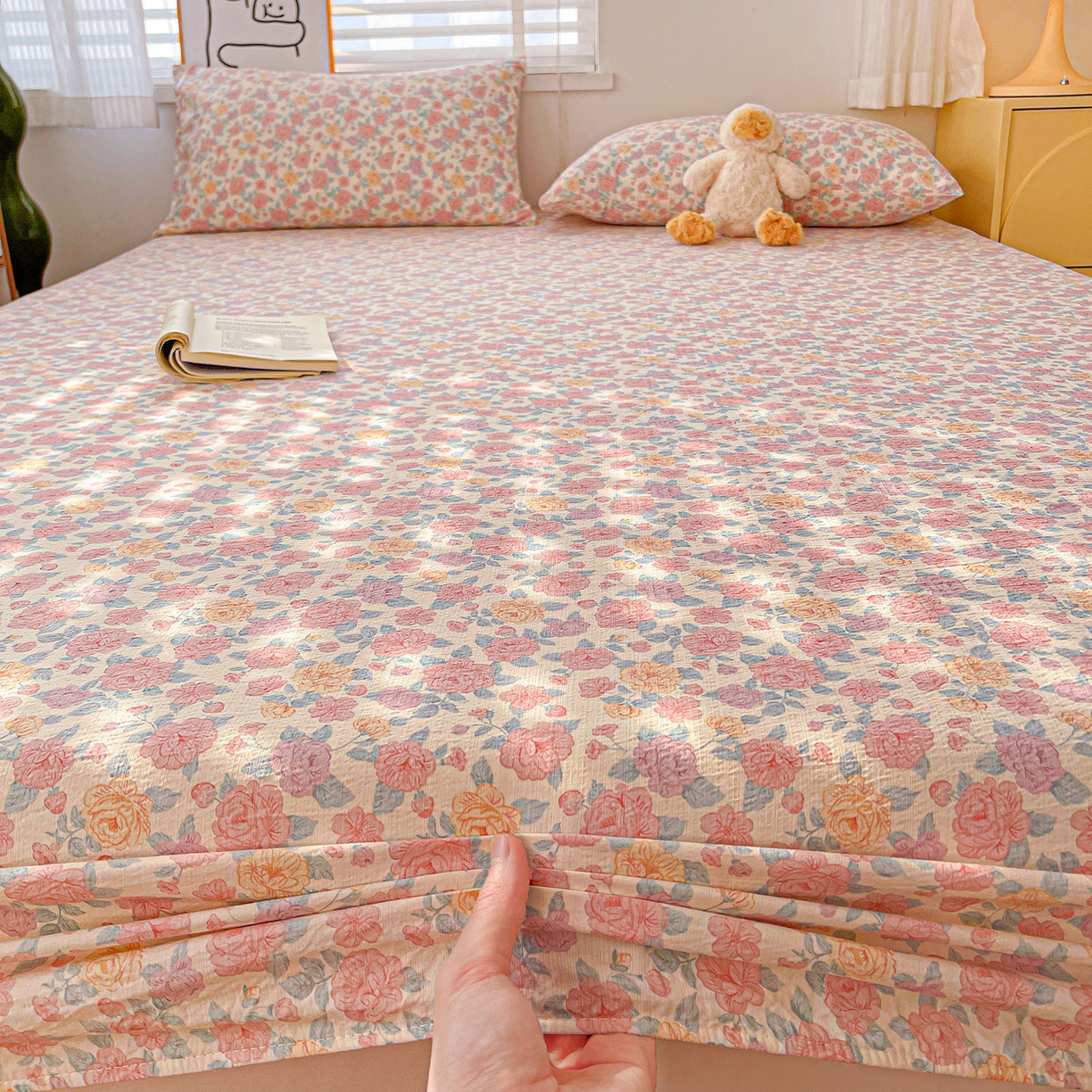 91家纺网 家纺一手货源 找家纺 仟人梦 2026新款云感双层纱印花单床笠床笠单件 水墨丹青-粉