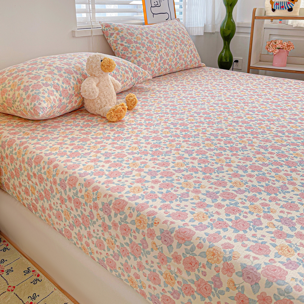 91家纺网 家纺一手货源 找家纺 仟人梦 2026新款云感双层纱印花单床笠床笠单件 水墨丹青-粉