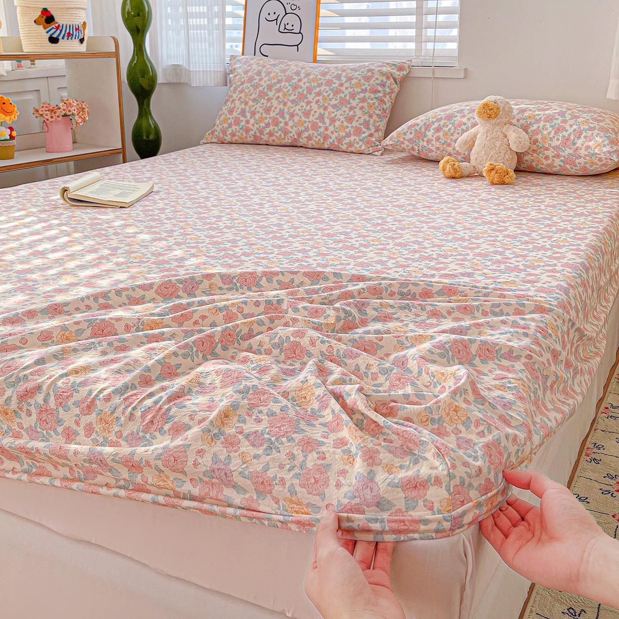 91家纺网 家纺一手货源 找家纺 仟人梦 2026新款云感双层纱印花单床笠床笠单件 水墨丹青-粉