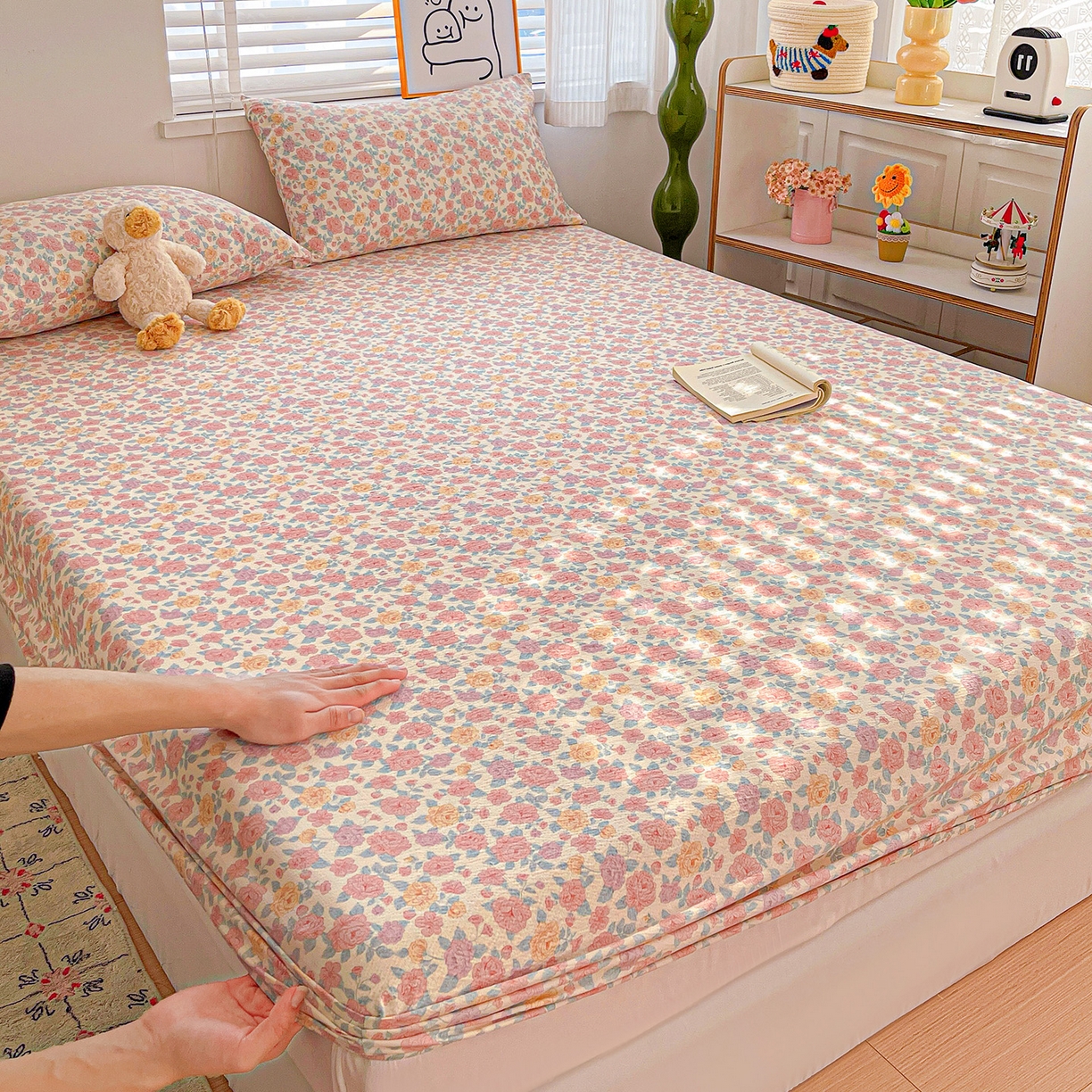 91家纺网 家纺一手货源 找家纺 仟人梦 2026新款云感双层纱印花单床笠床笠单件 水墨丹青-粉