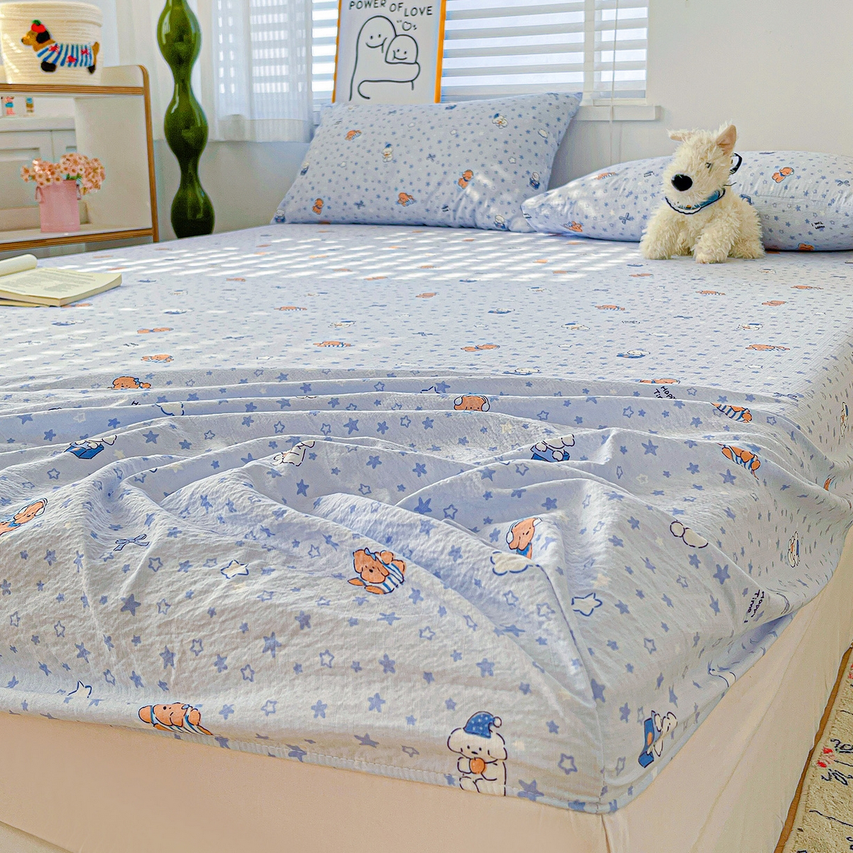 91家纺网 家纺一手货源 找家纺 仟人梦 2026新款云感双层纱印花单床笠床笠单件 淘气狗